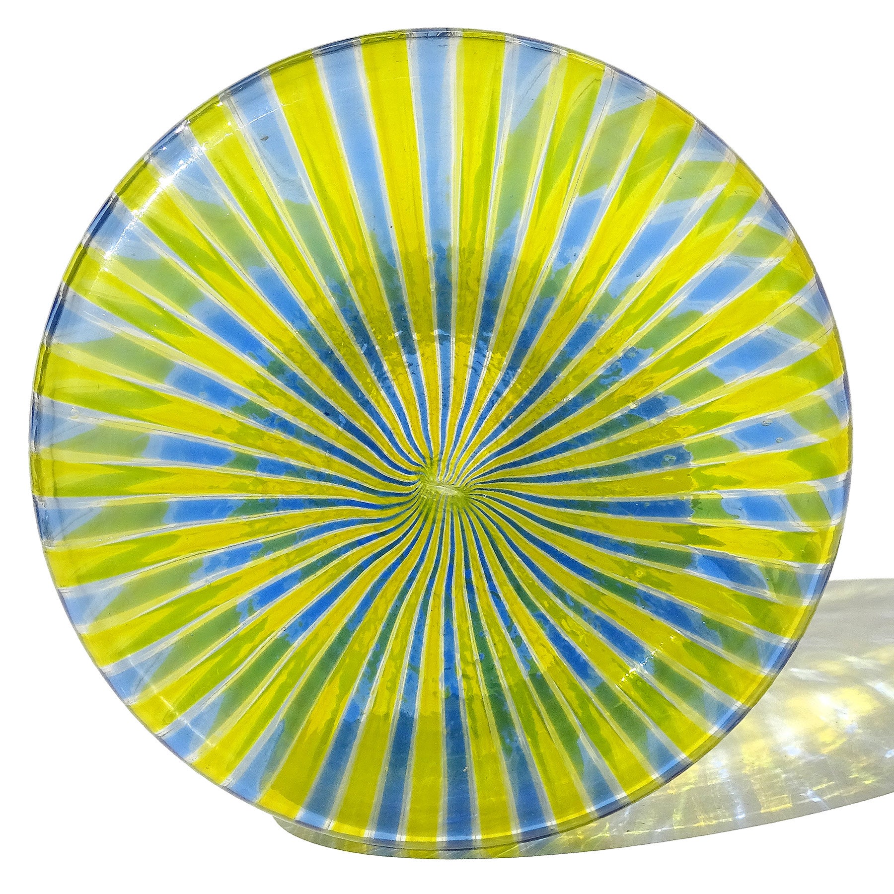 Fatto a mano Fratelli Toso Murano Giallo Blu a Canne Nastri Vaso a bottiglia in vetro artistico italiano in vendita
