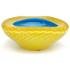 Fratelli Toso Murano Yellow Blue Bullicante Italian Art Glass Triangle Bowl