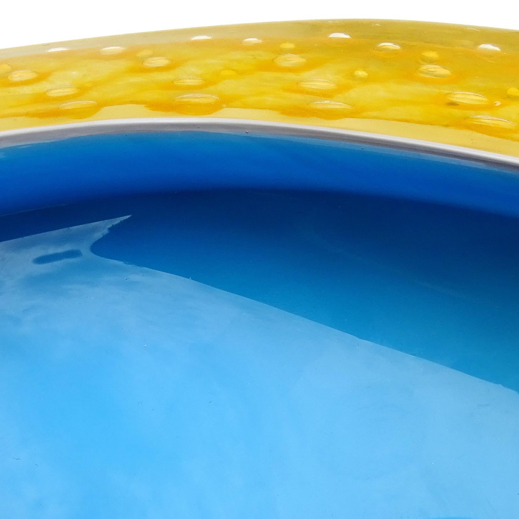 Mid-Century Modern Fratelli Toso Murano Yellow Blue Bullicante Italian Art Glass Triangle Bowl For Sale