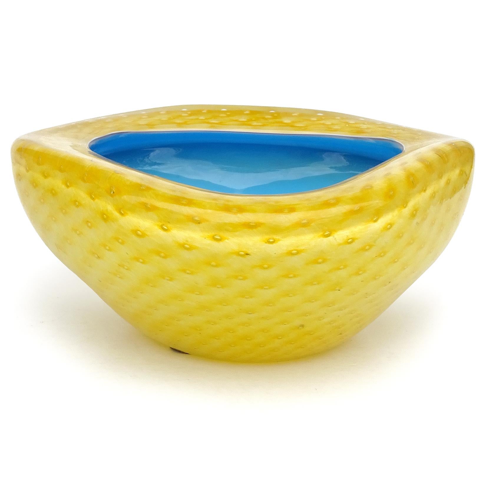 Hand-Crafted Fratelli Toso Murano Yellow Blue Bullicante Italian Art Glass Triangle Bowl For Sale