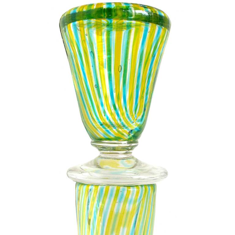 Mid-Century Modern Fratelli Toso Murano Yellow Blue Canne Ribbons Italian Art Glass Decanter Bottle