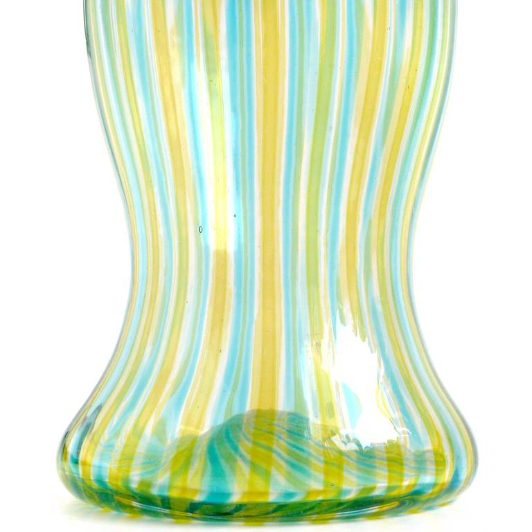 Hand-Crafted Fratelli Toso Murano Yellow Blue Canne Ribbons Italian Art Glass Decanter Bottle