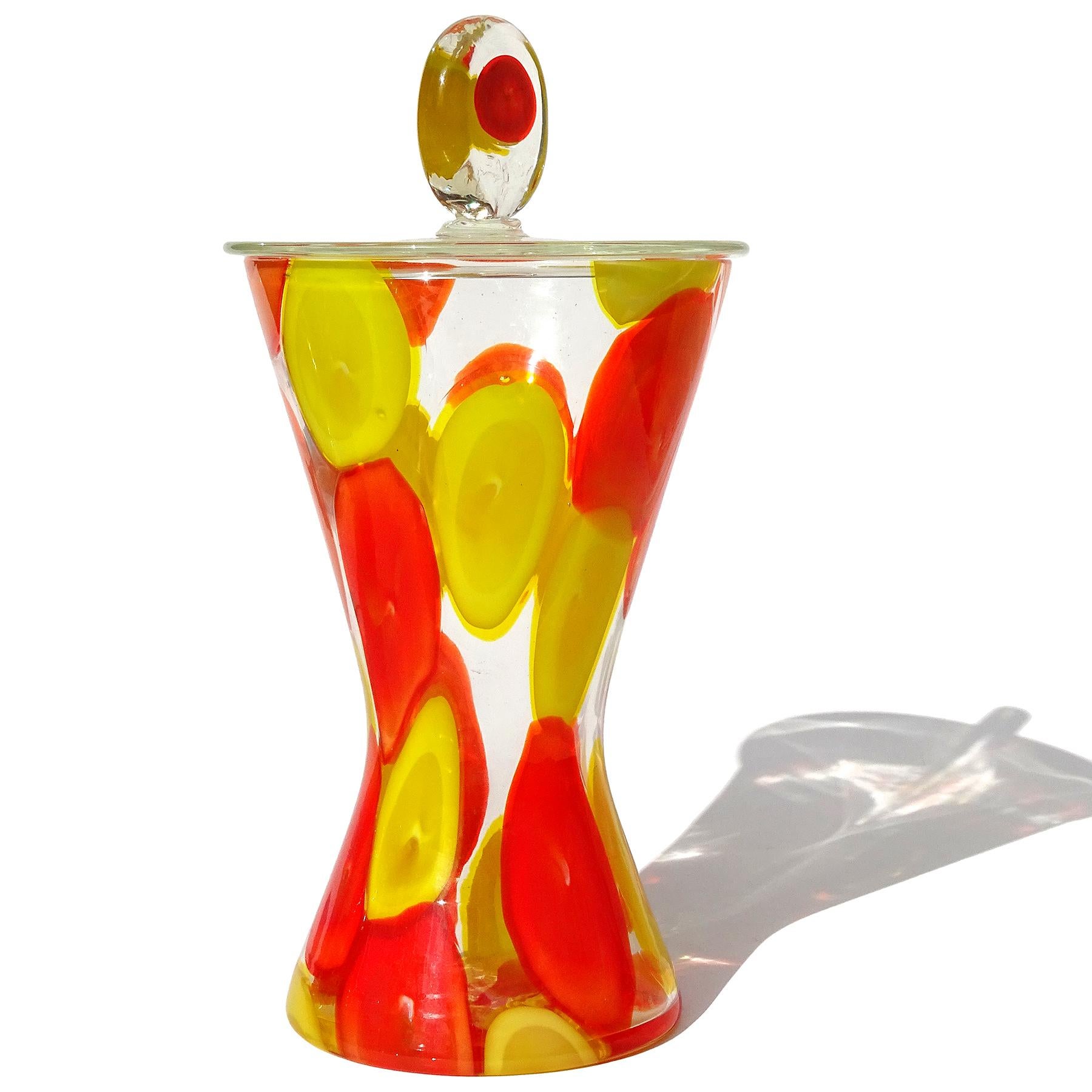 Mid-Century Modern Fratelli Toso Murano Yellow Orange A Pentoni Italian Art Glass Lidded Candy Jar