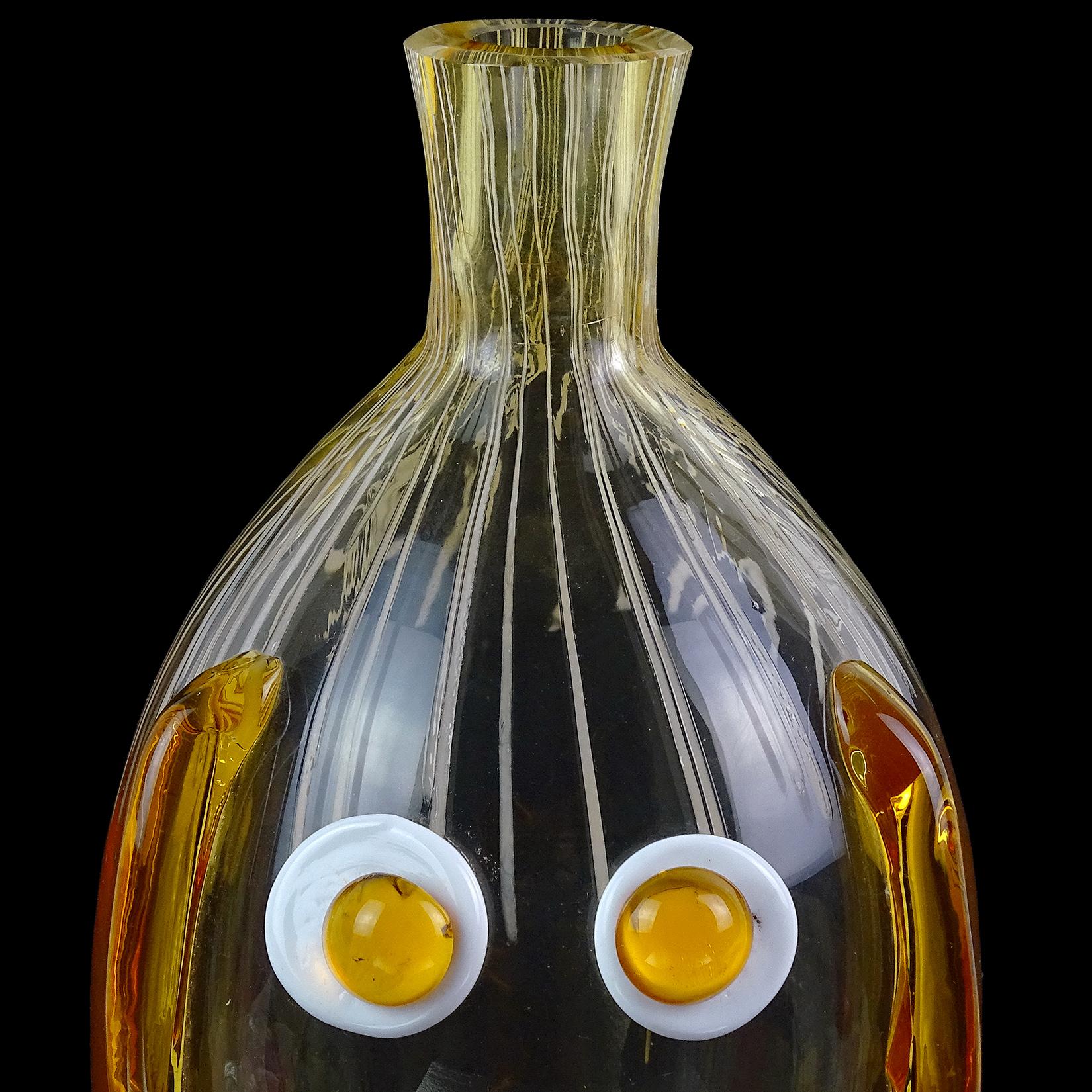 Mid-Century Modern Fratelli Toso Murano Yellow Orange Face Italian Art Glass Midcentury Decanter