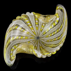 Fratelli Toso Murano Yellow White Ribbons Gold Flecks Italian Art Glass Bowl