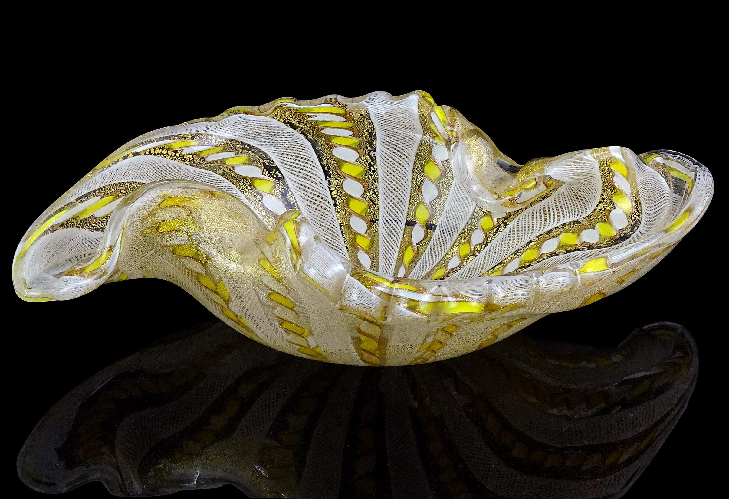 20th Century Fratelli Toso Murano Yellow White Ribbons Gold Flecks Italian Art Glass Bowl For Sale
