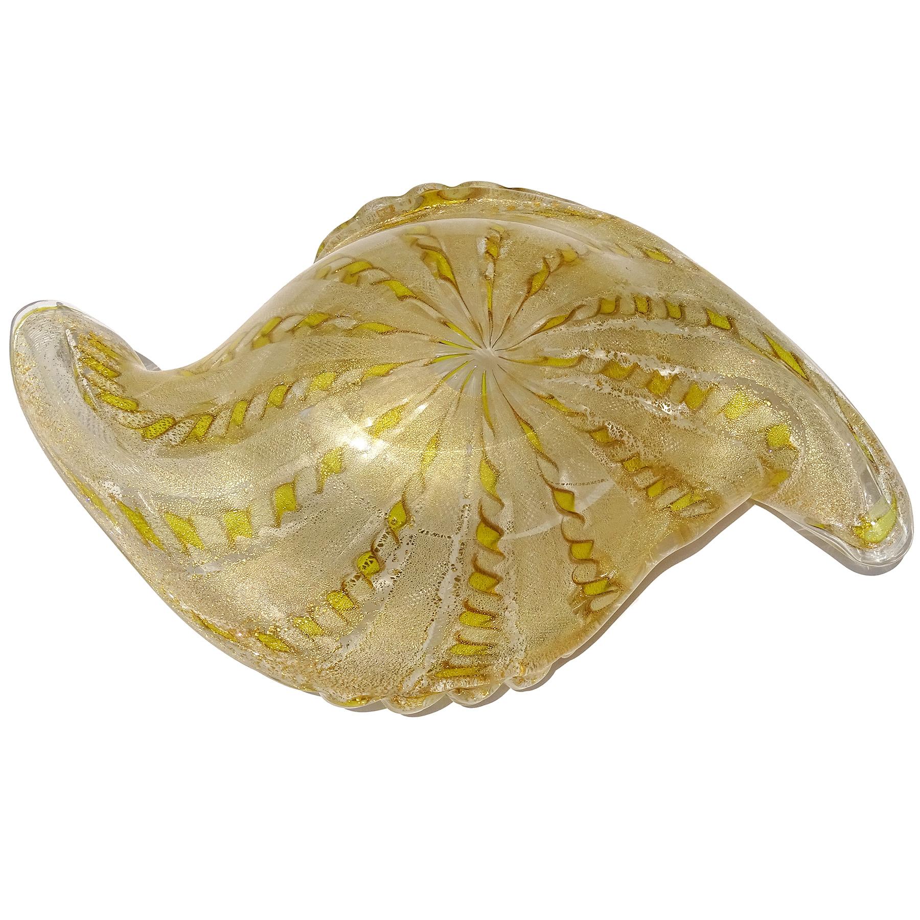 Fratelli Toso Murano Yellow White Ribbons Gold Flecks Italian Art Glass Bowl For Sale 2