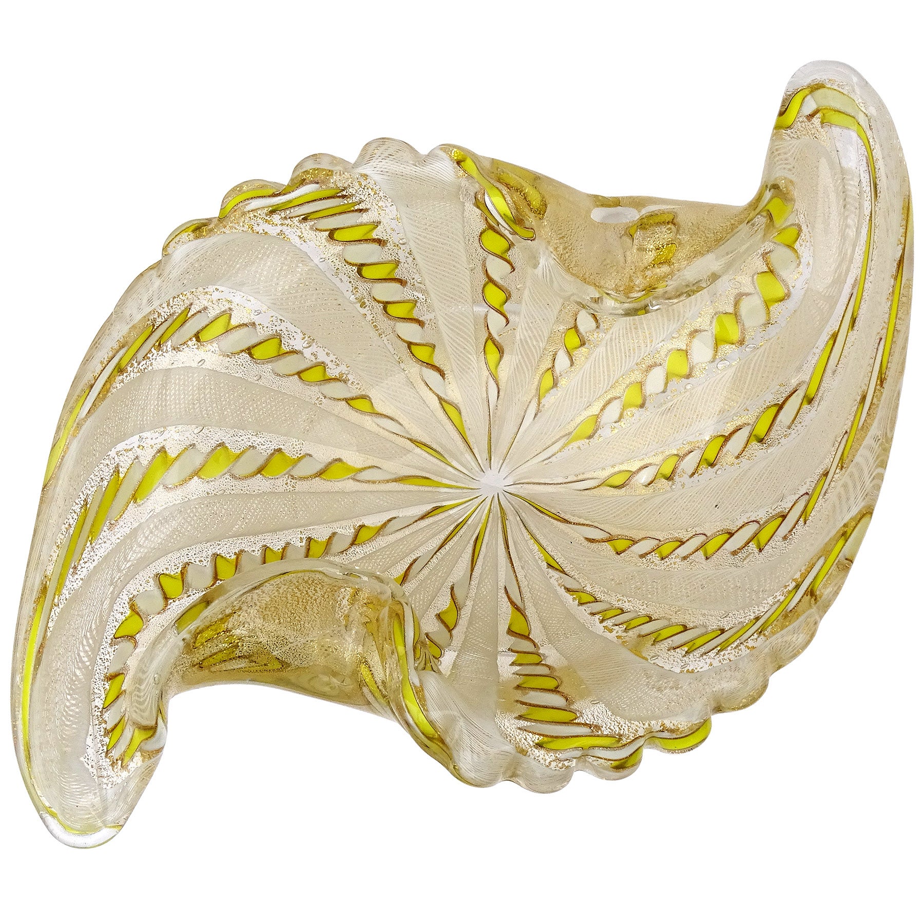 Fratelli Toso Murano Yellow White Ribbons Gold Flecks Italian Art Glass Bowl For Sale