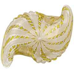 Fratelli Toso Murano Yellow White Ribbons Gold Flecks Italian Art Glass Bowl