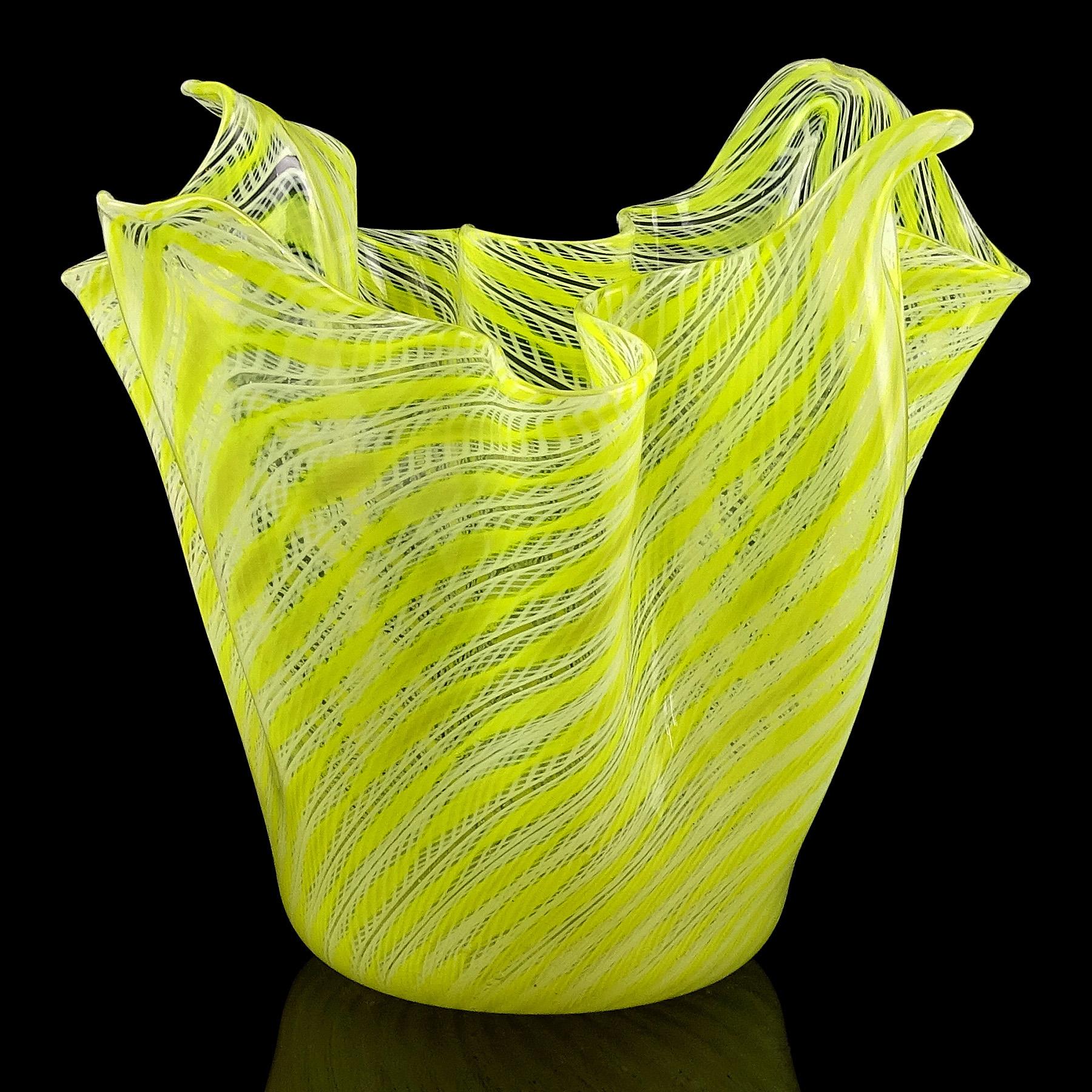 Mid-Century Modern Fratelli Toso Murano Yellow White Ribbons Italian Art Glass Fazzoletto Vase