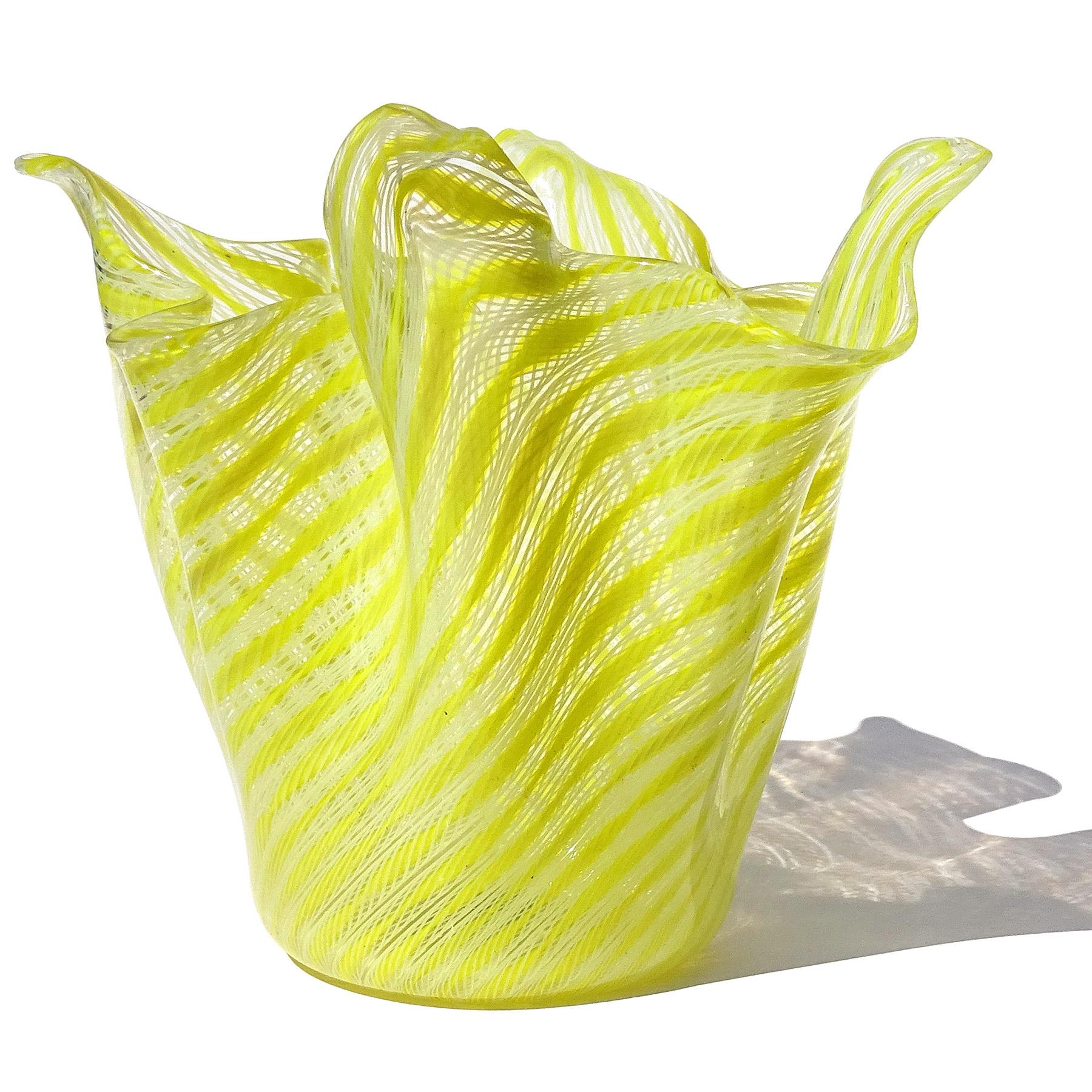 Hand-Crafted Fratelli Toso Murano Yellow White Ribbons Italian Art Glass Fazzoletto Vase