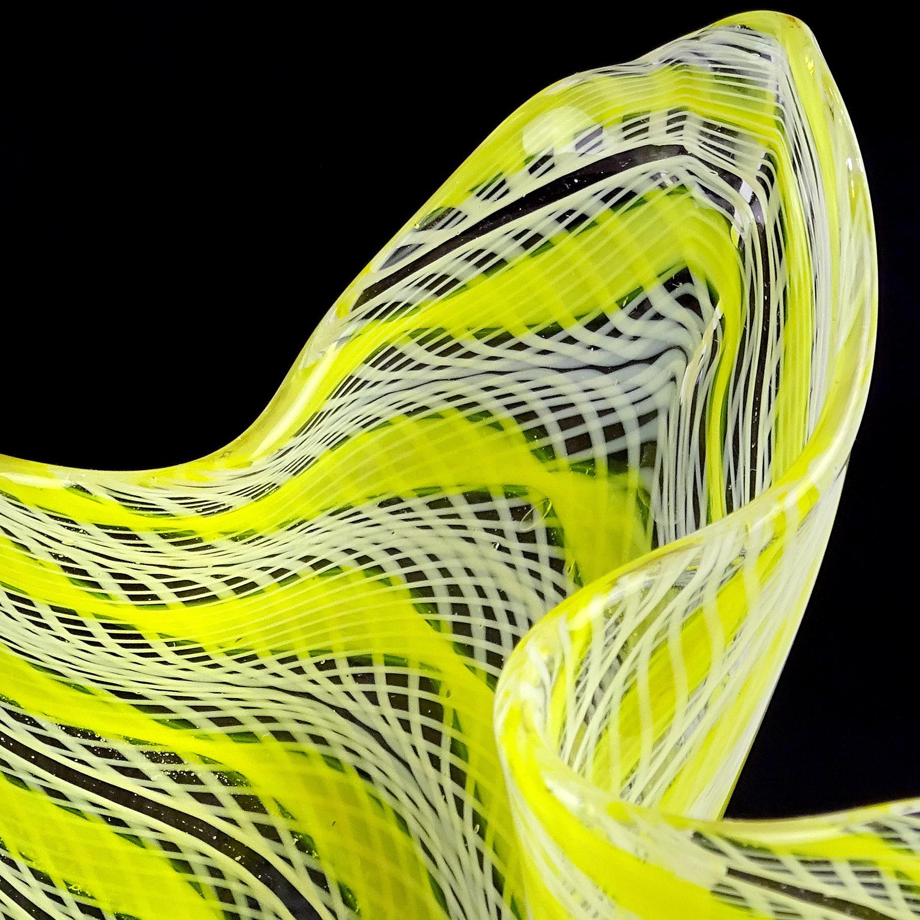 Fratelli Toso Murano Yellow White Ribbons Italian Art Glass Fazzoletto Vase 1