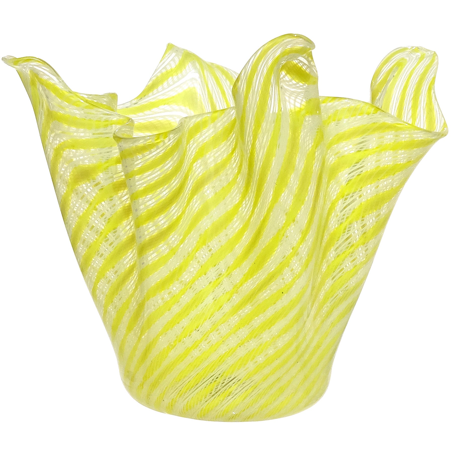 Fratelli Toso Murano Yellow White Ribbons Italian Art Glass Fazzoletto Vase
