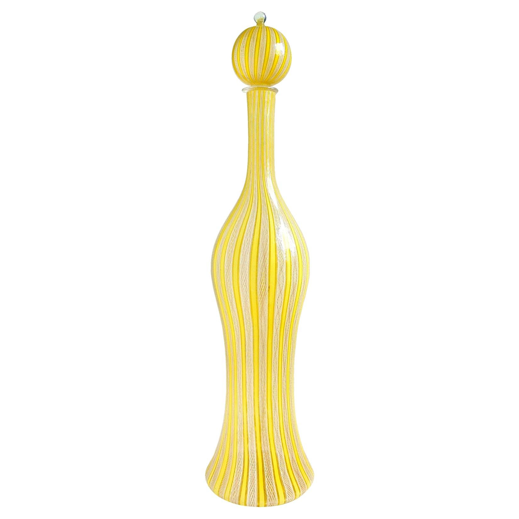 Fratelli Toso Murano Yellow White Ribbons Italian Art Glass Midcentury Decanter