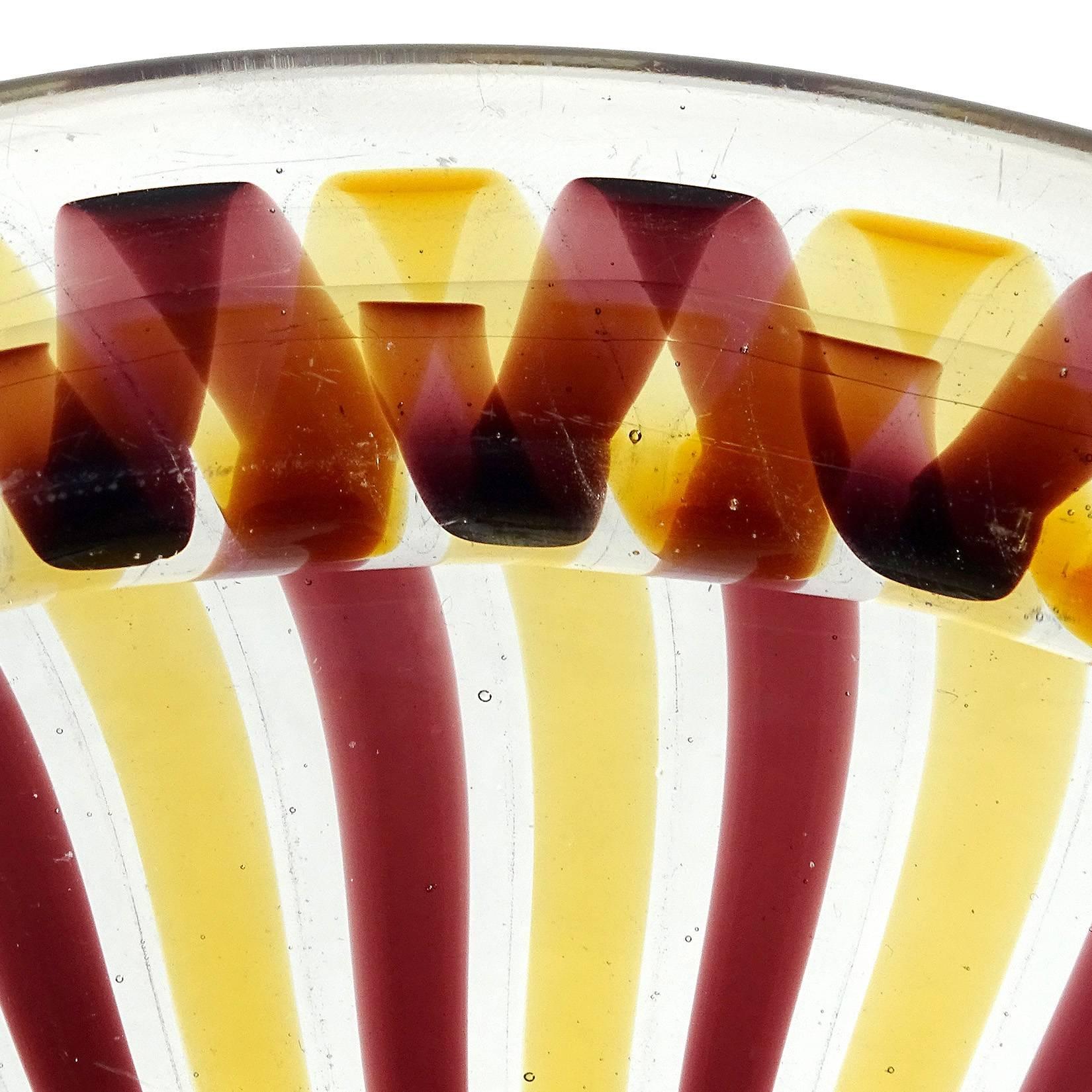 Hand-Crafted Fratelli Toso Murano Yellow Wine Purple Ribbons Italian Art Glass Bowl