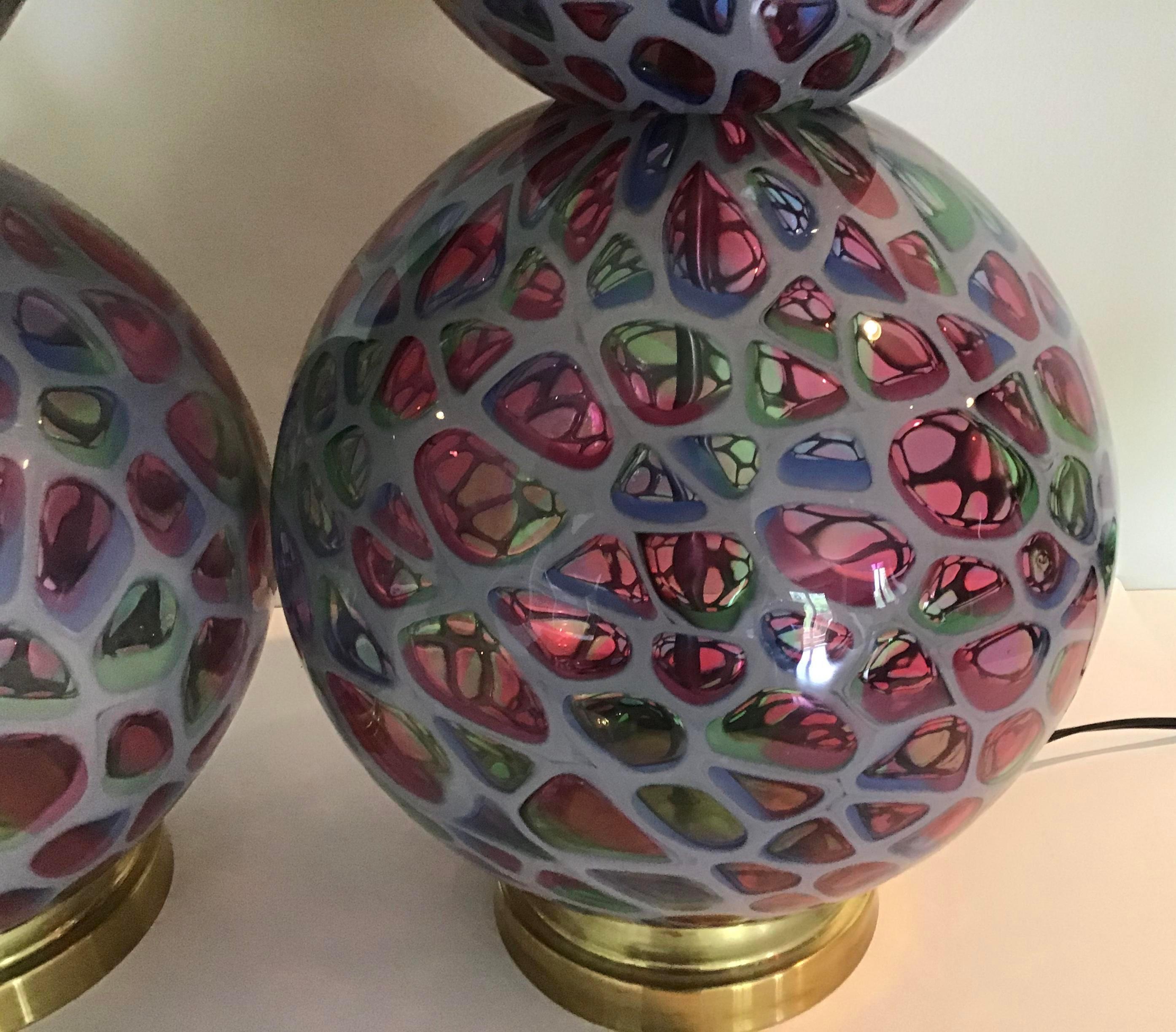 Italian Fratelli Toso Murrine Murano Pair of Tiffany Nerox Lamps, Mid Century Modern