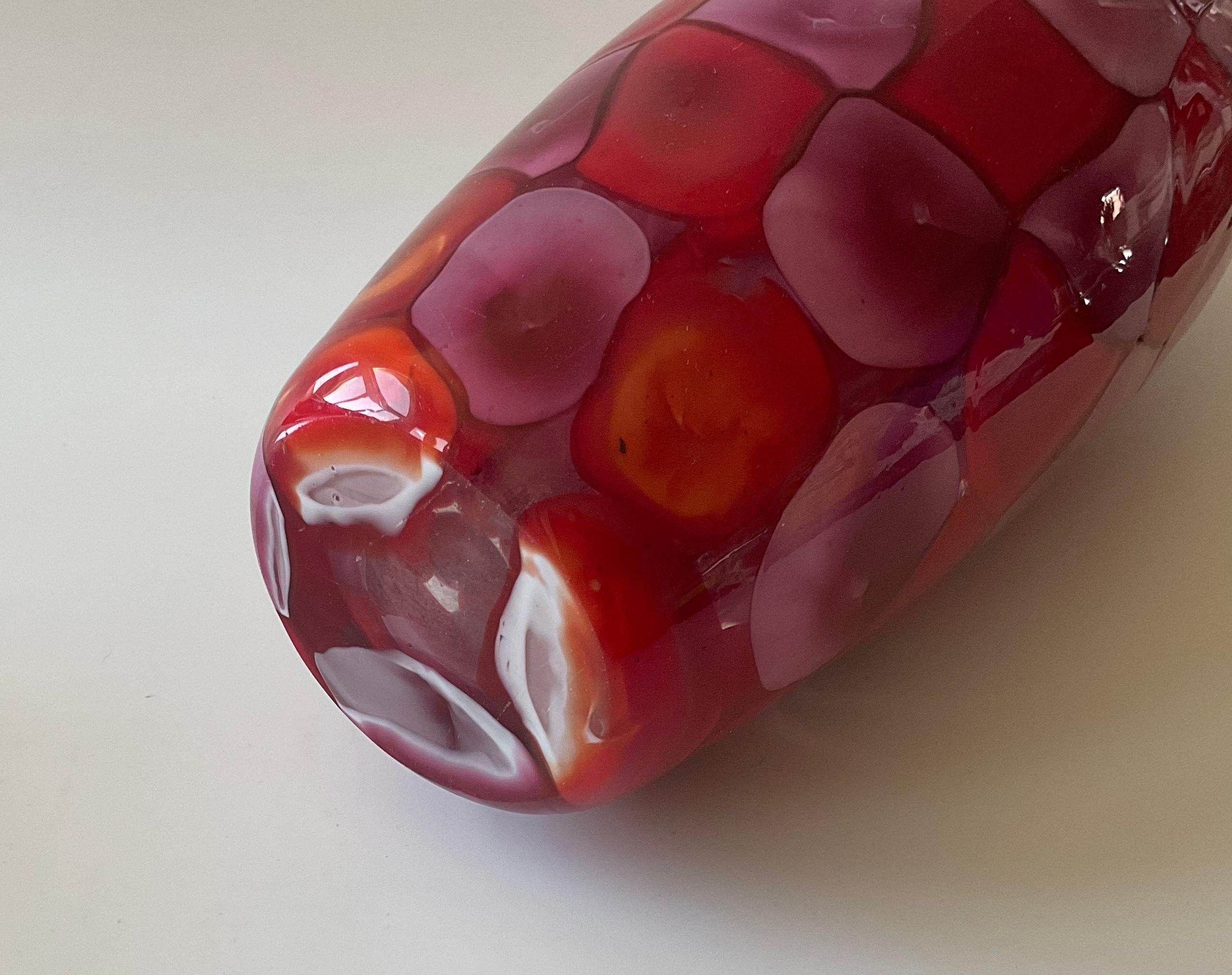 Fratelli toso Nerox Murano Glass alternating color Murrine vase in red and purple encased in clear. Rare design by Ermanno Toso for Fratelli Toso. Seldom seen color.