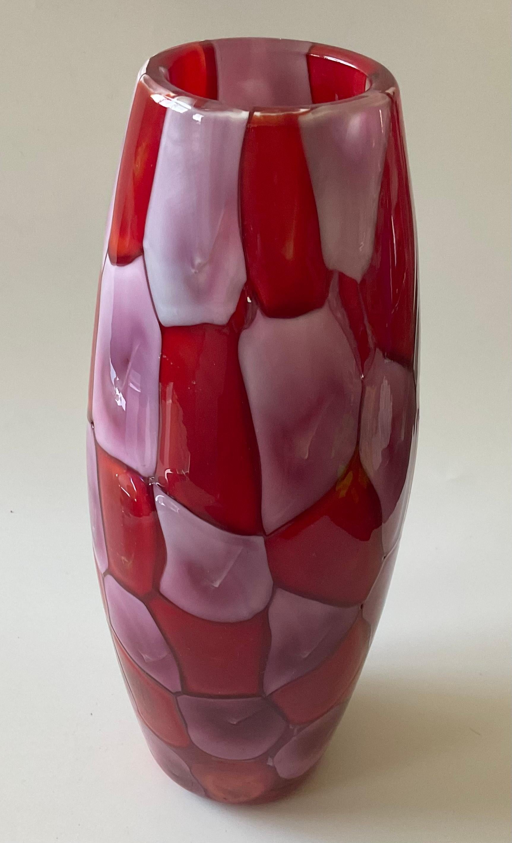 Italian Fratelli Toso Nerox Murano Glass Alternating Color Murrine Vase Red and Purple 