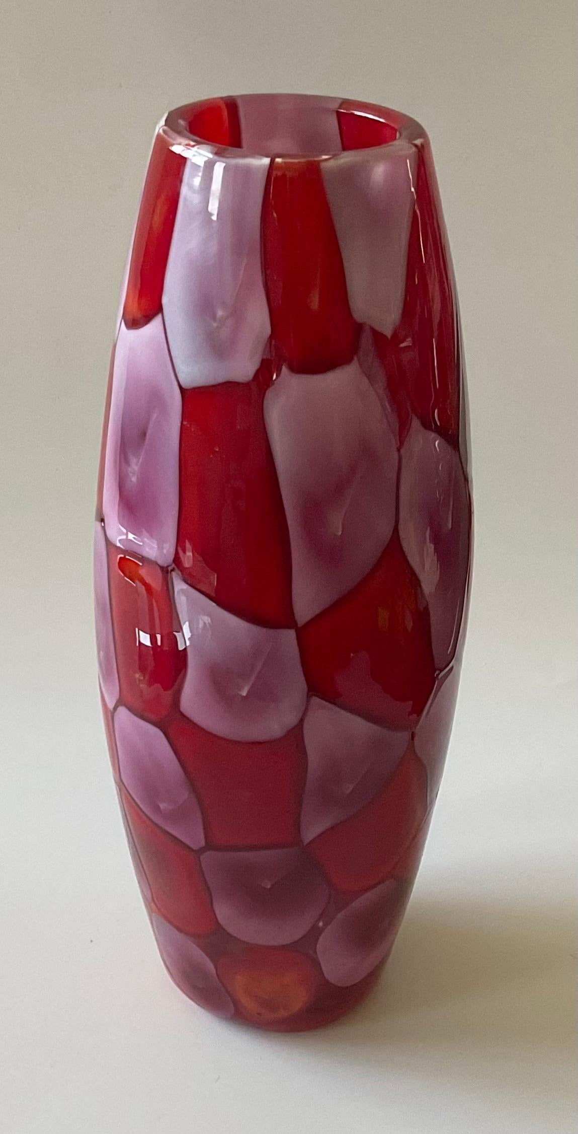 Fratelli Toso Nerox Murano Glass Alternating Color Murrine Vase Red and Purple  In Good Condition In Ann Arbor, MI