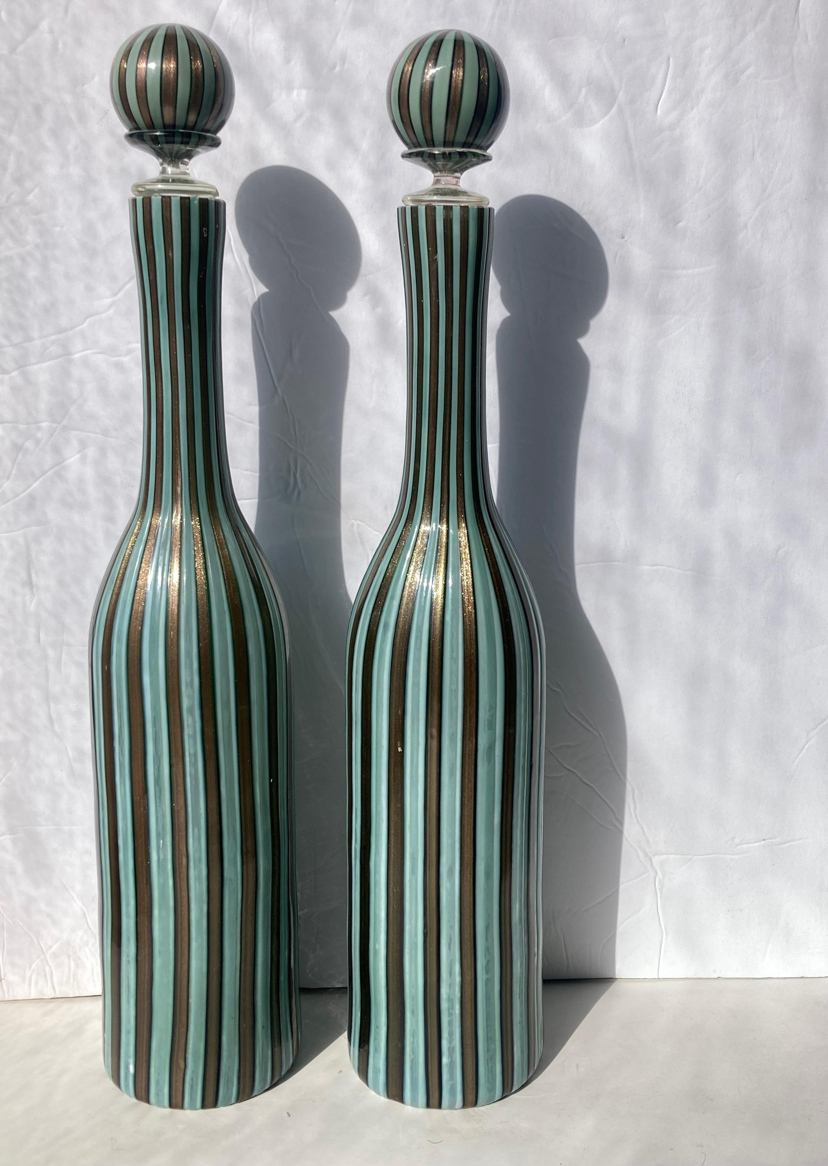 Italian Fratelli & Toso Pair Murano Glass Decanters/Bottles with Stoppers For Sale
