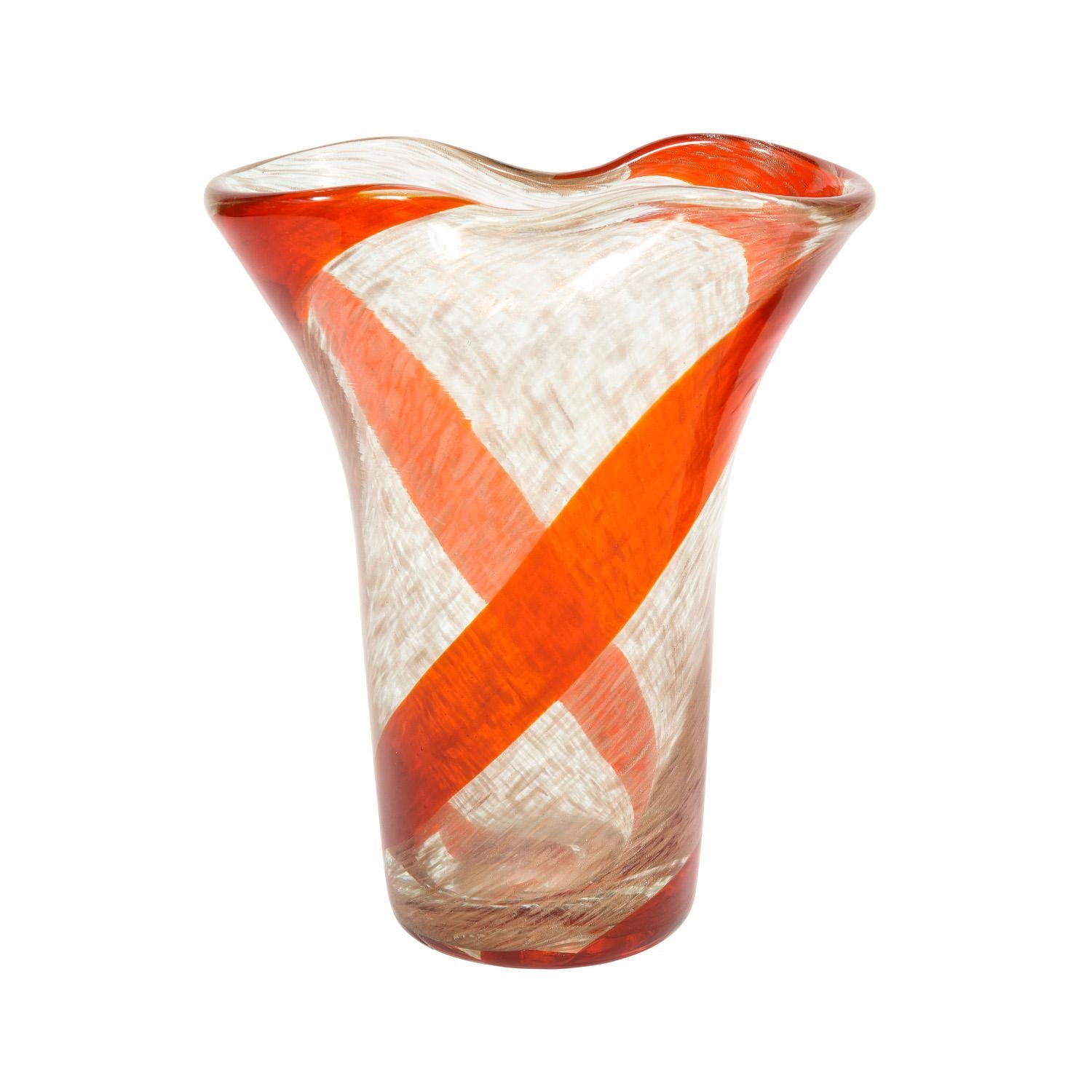 Italian Fratelli Toso Pair of Pinched-Top Glass Vases with Red Spiral, 1950s For Sale