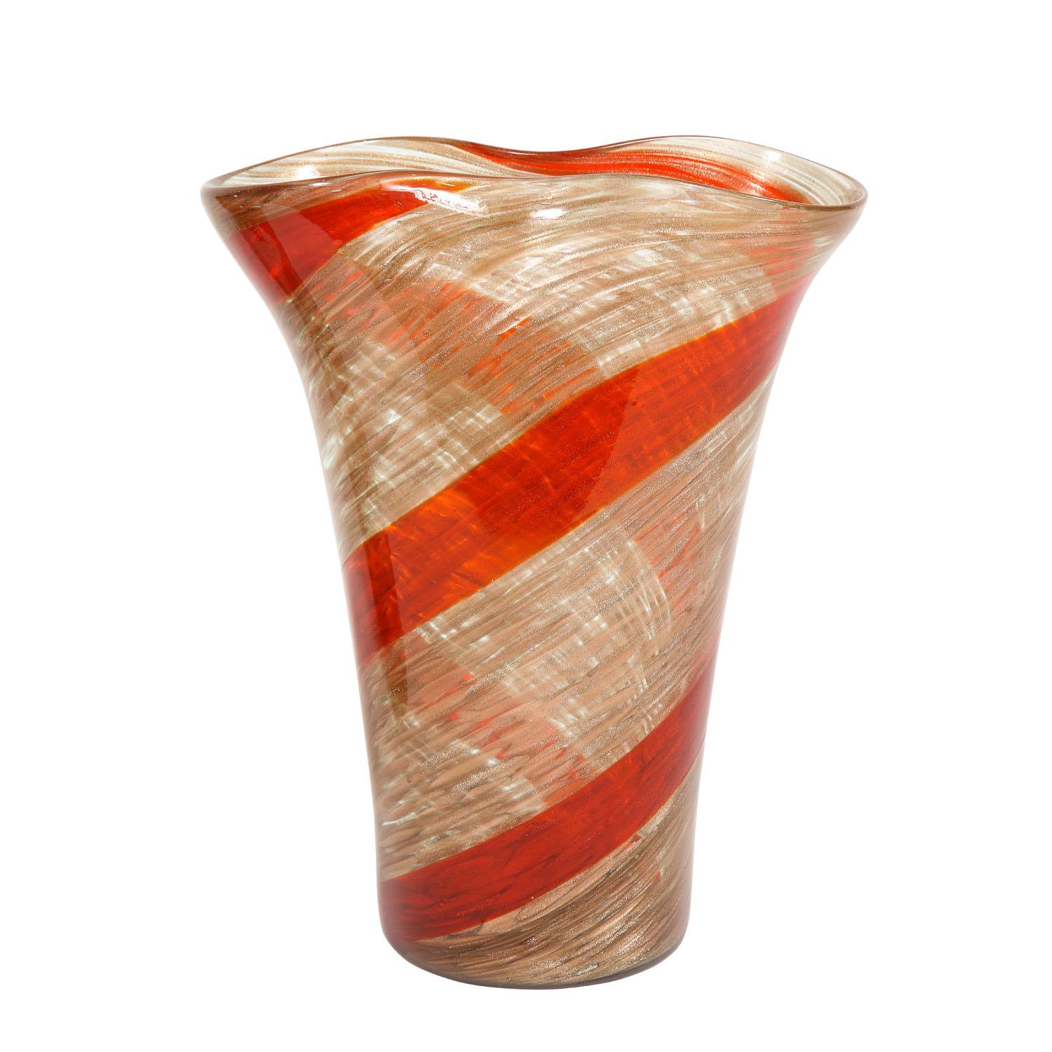 Hand-Crafted Fratelli Toso Pair of Pinched-Top Glass Vases with Red Spiral, 1950s For Sale