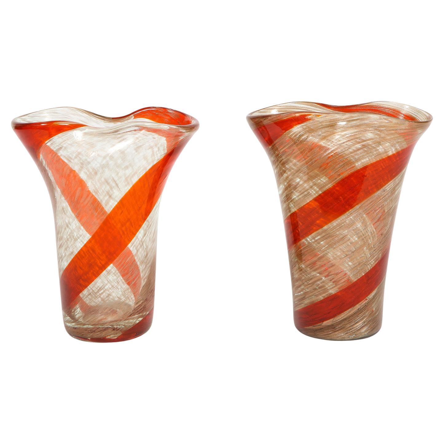 Fratelli Toso Pair of Pinched-Top Glass Vases with Red Spiral, 1950s For Sale
