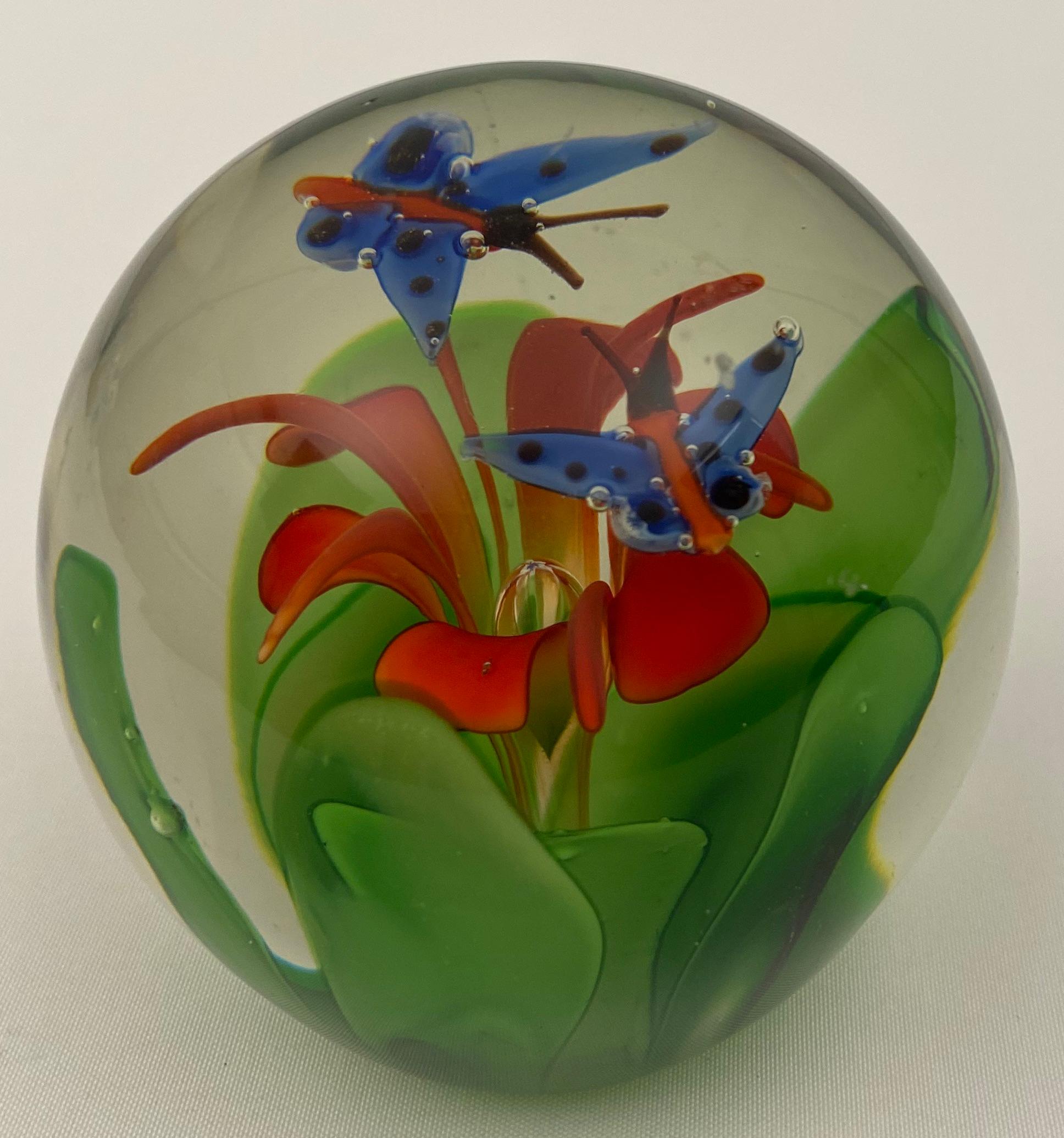Mid-Century Modern Murano Limited Edition Paperweight with Two Blue Butterflies For Sale