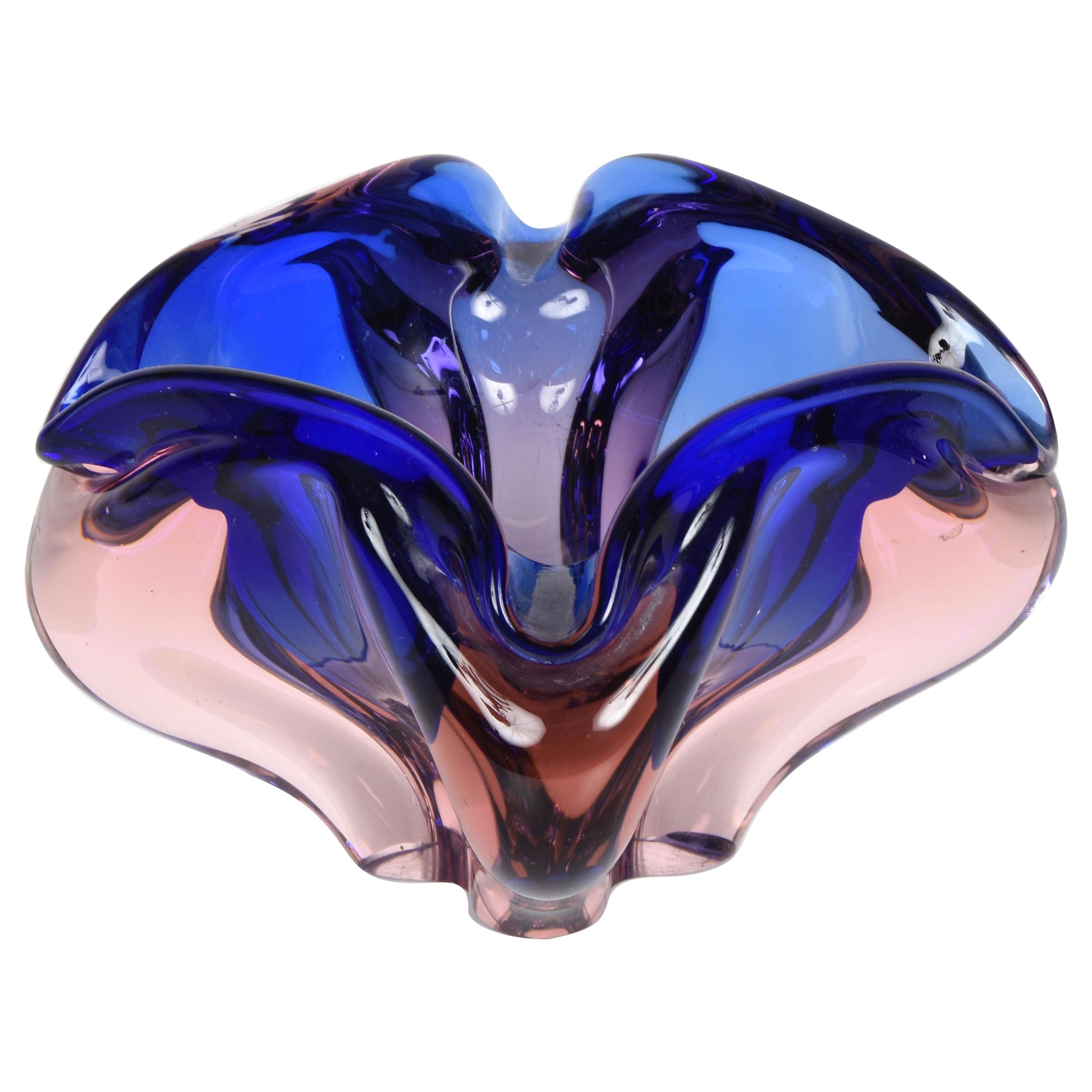 Fratelli Toso Purple, Blue and Pink Sommerso Murano Glass Italian Bowl, 1960s