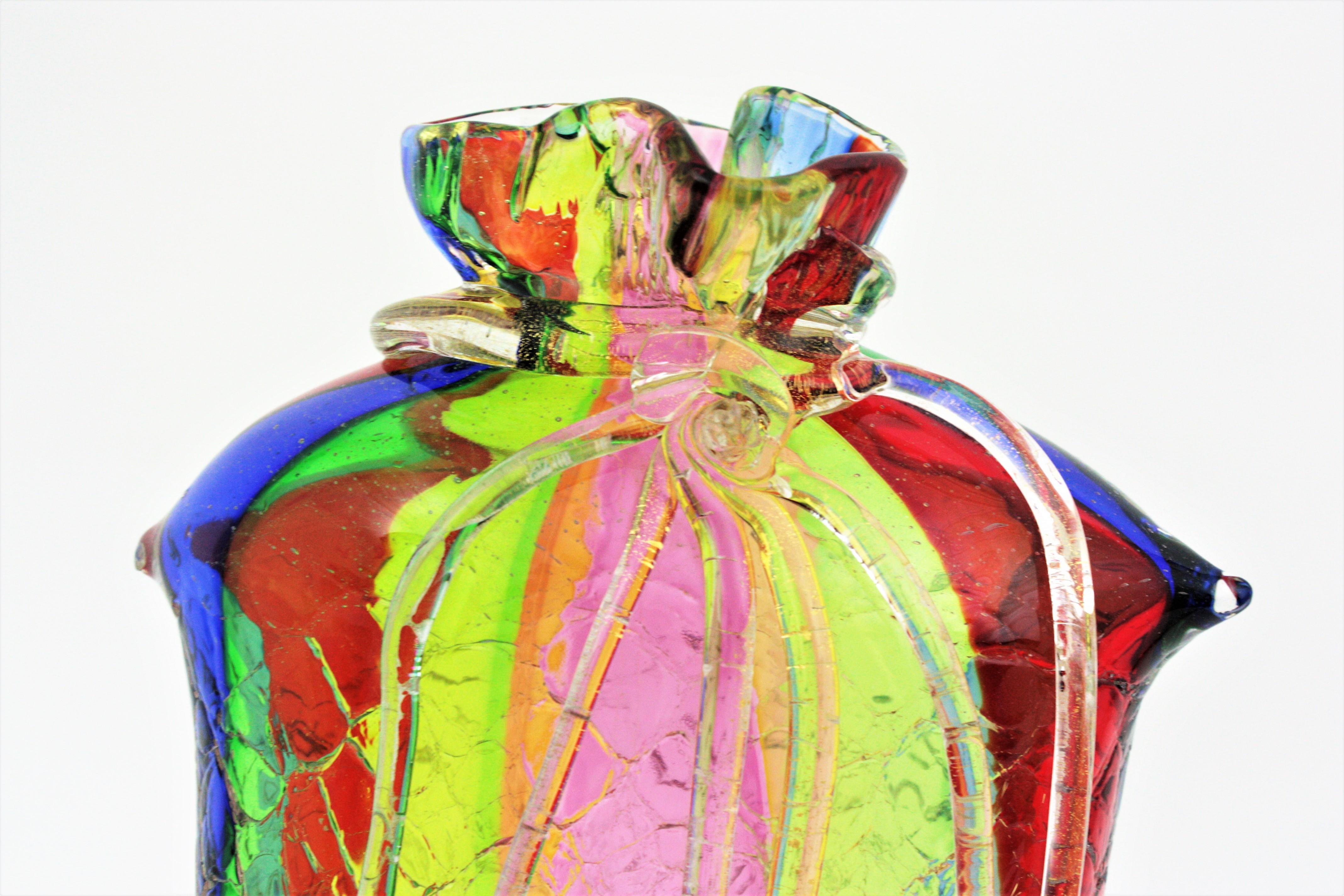 Italian Fratelli Toso Murano Rainbow Stripes Ribbon Glass Vase with Gold Flecks For Sale