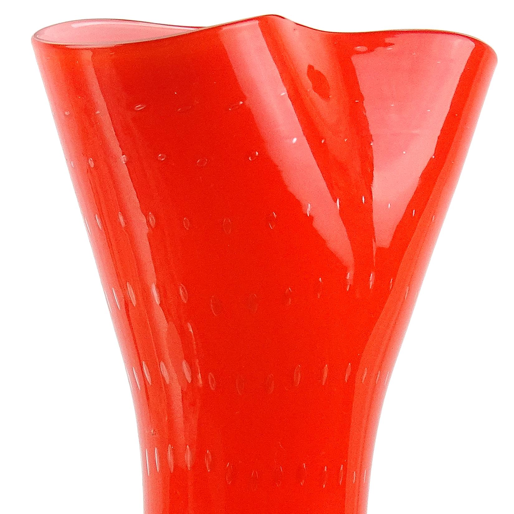 Priced per Item (3 available). Beautiful vintage Murano red orange, white and controlled bubbles Italian art glass flower vases. Documented to the Fratelli Toso Company, and published. They all still retain their original 