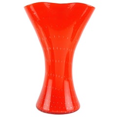 Fratelli Toso Red Orange Bubbles Fan Shaped Rim Italian Art Glass Flower Vase