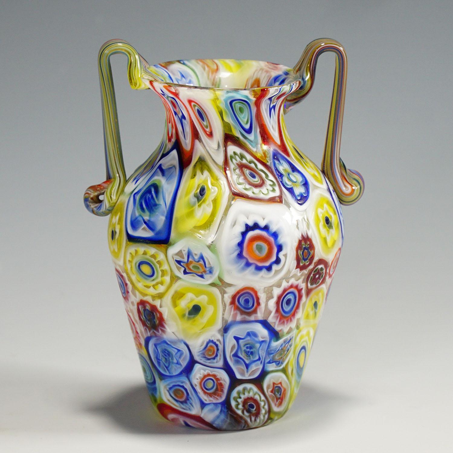 Mid-Century Modern Fratelli Toso Two Handeled Millefiori Murrine Glass Vase, Murano circa 1920 For Sale
