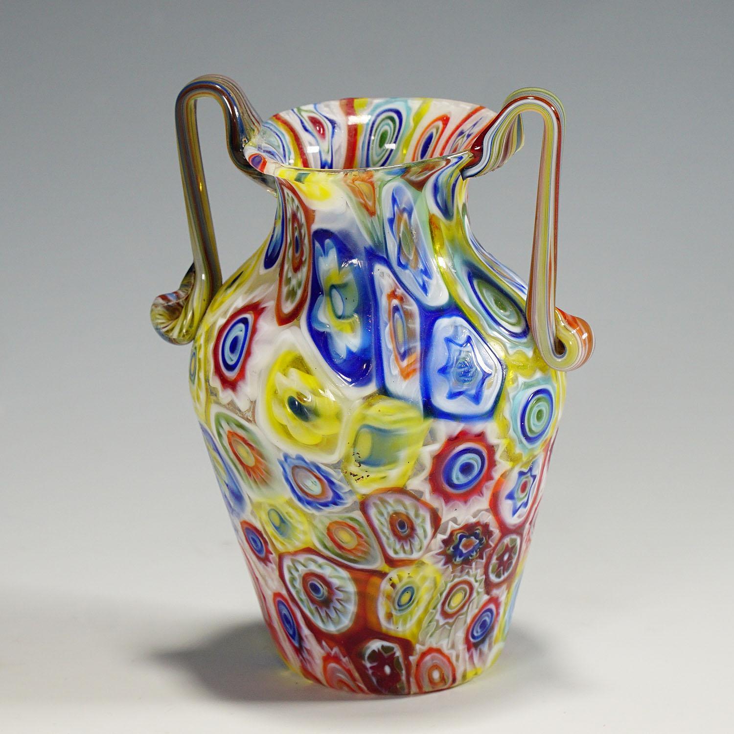 Italian Fratelli Toso Two Handeled Millefiori Murrine Glass Vase, Murano circa 1920 For Sale