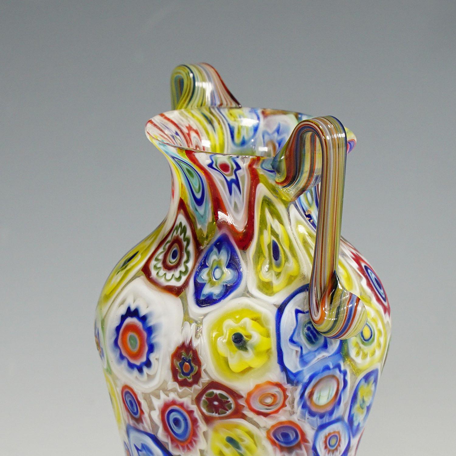 Fratelli Toso Two Handeled Millefiori Murrine Glass Vase, Murano circa 1920 In Good Condition For Sale In Berghuelen, DE