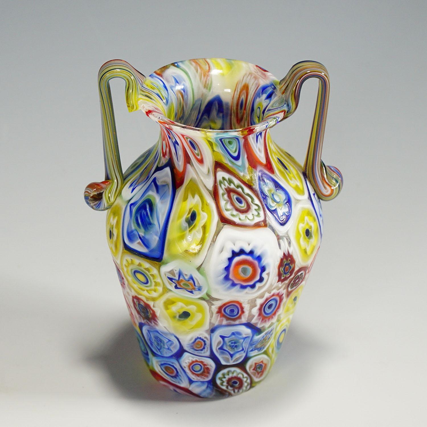 20th Century Fratelli Toso Two Handeled Millefiori Murrine Glass Vase, Murano circa 1920 For Sale