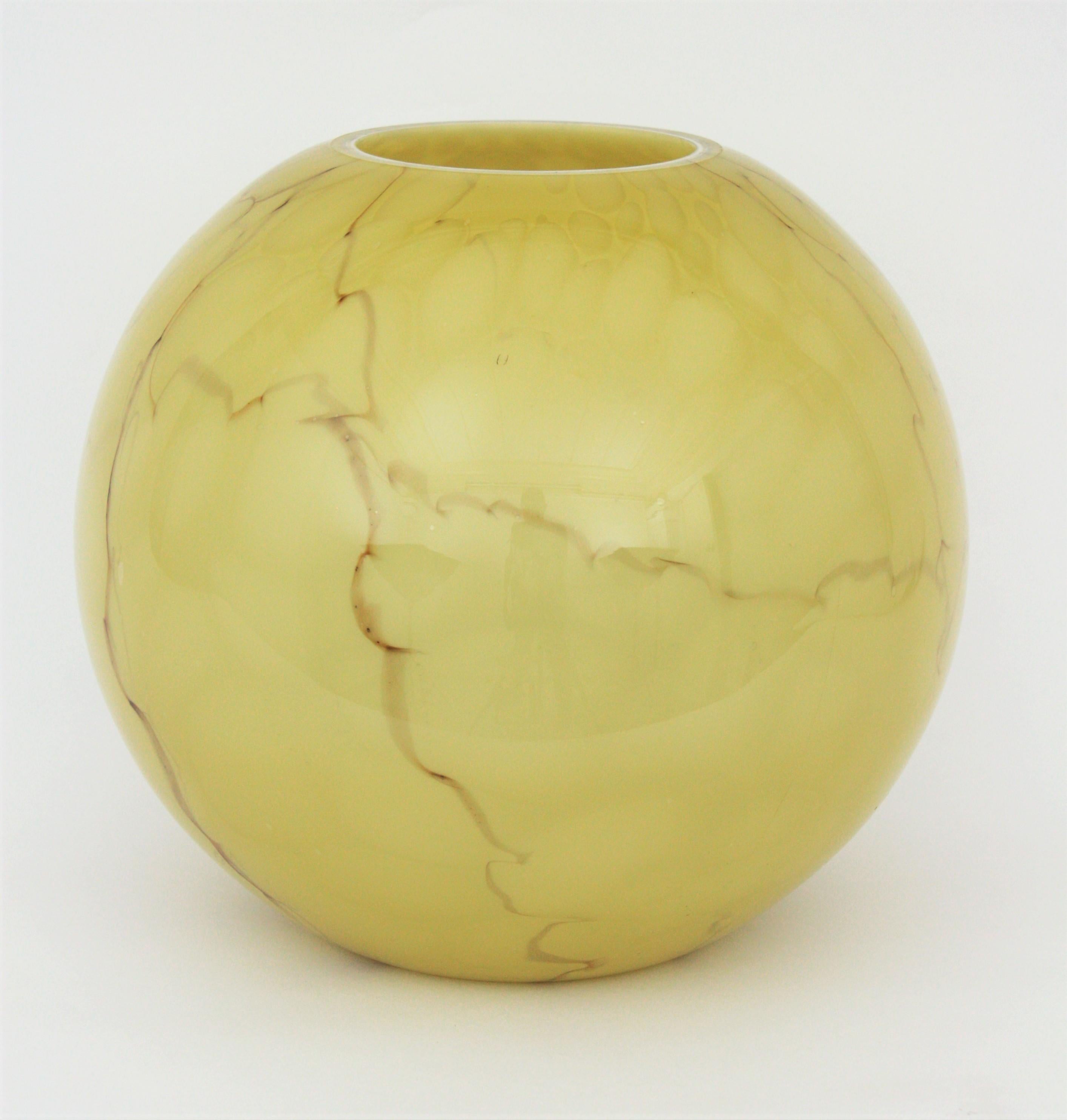 Fratelli Toso Venini Murano Murrina Lattimo Yellow Glass Ball Centerpiece Vase 6