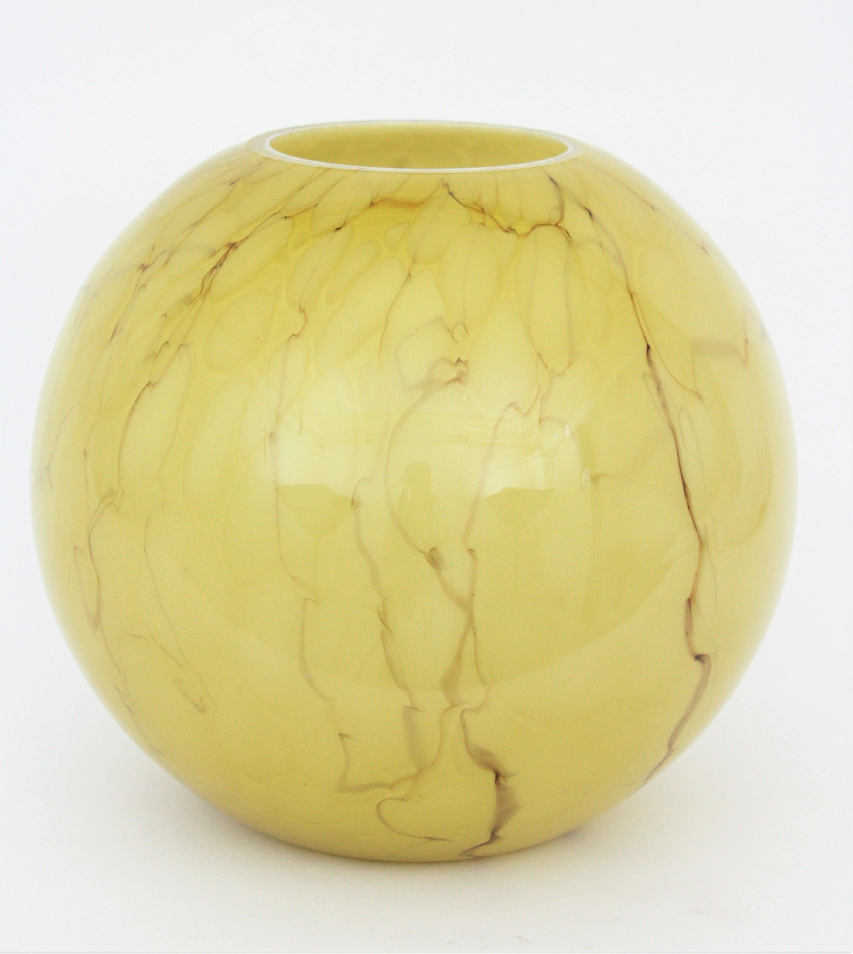 Fratelli Toso Venini Murano Murrina Lattimo Yellow Glass Ball Centerpiece Vase 12