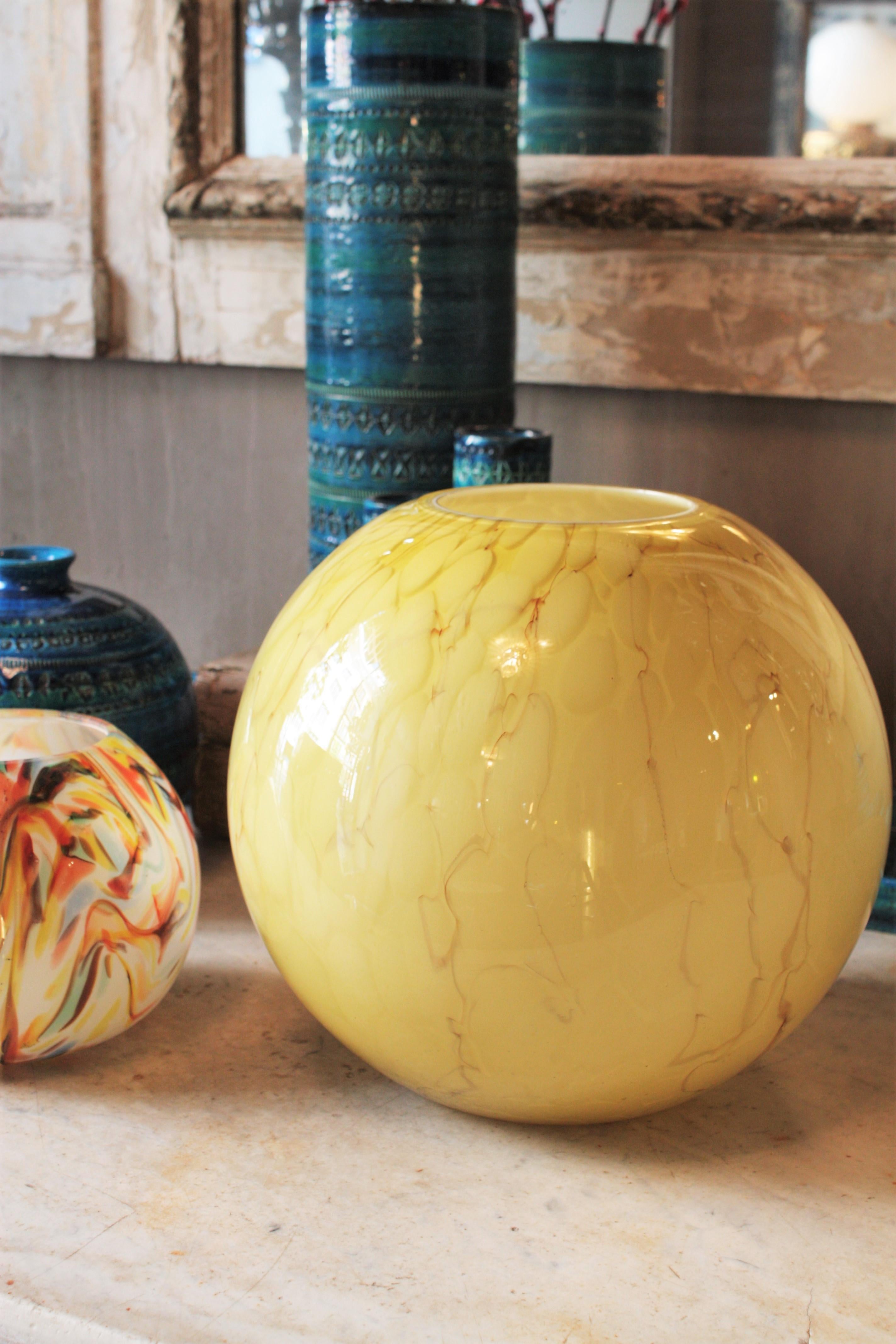 Fratelli Toso Venini Murano Murrina Lattimo Yellow Glass Ball Centerpiece Vase 13