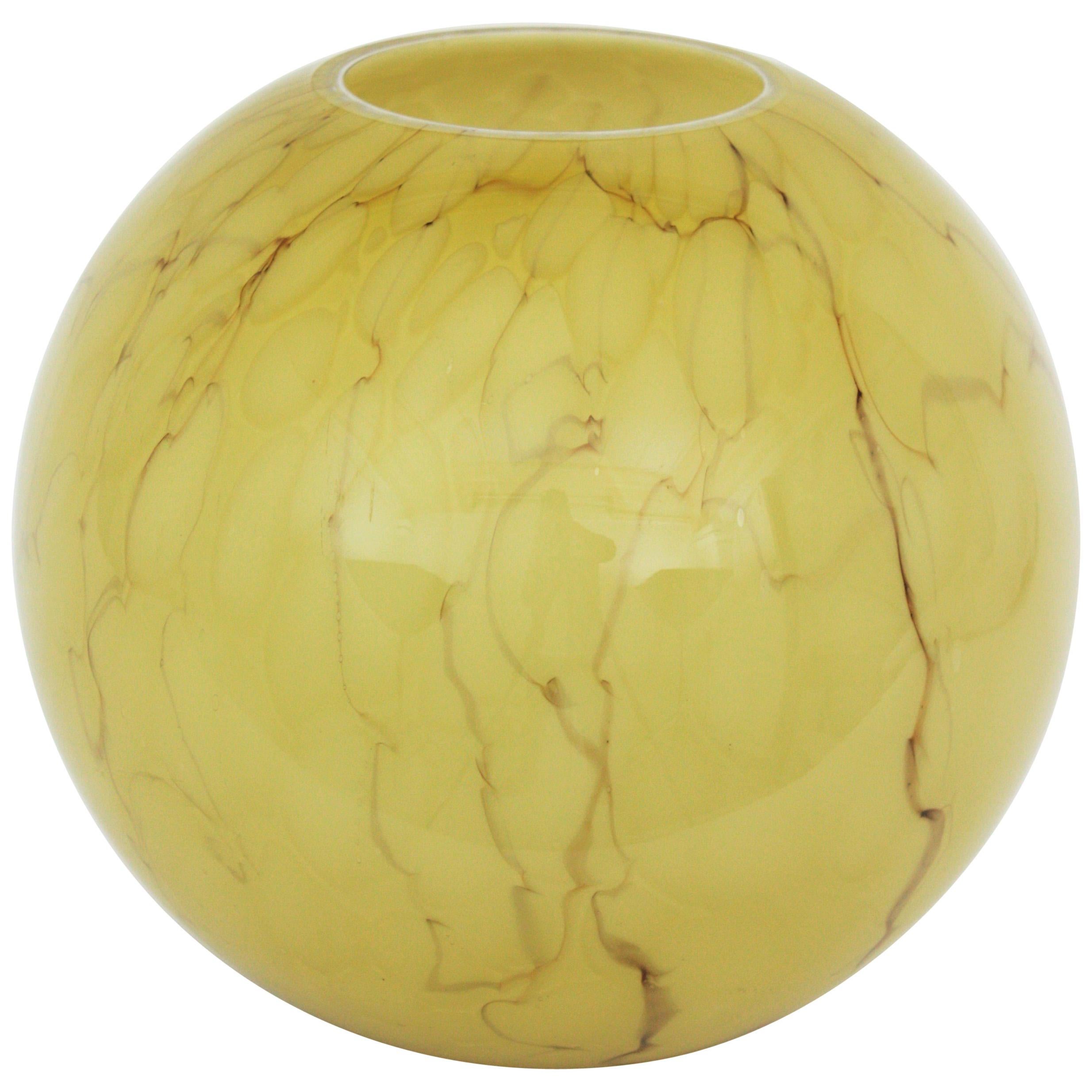 Italian Fratelli Toso Venini Murano Murrina Lattimo Yellow Glass Ball Centerpiece Vase