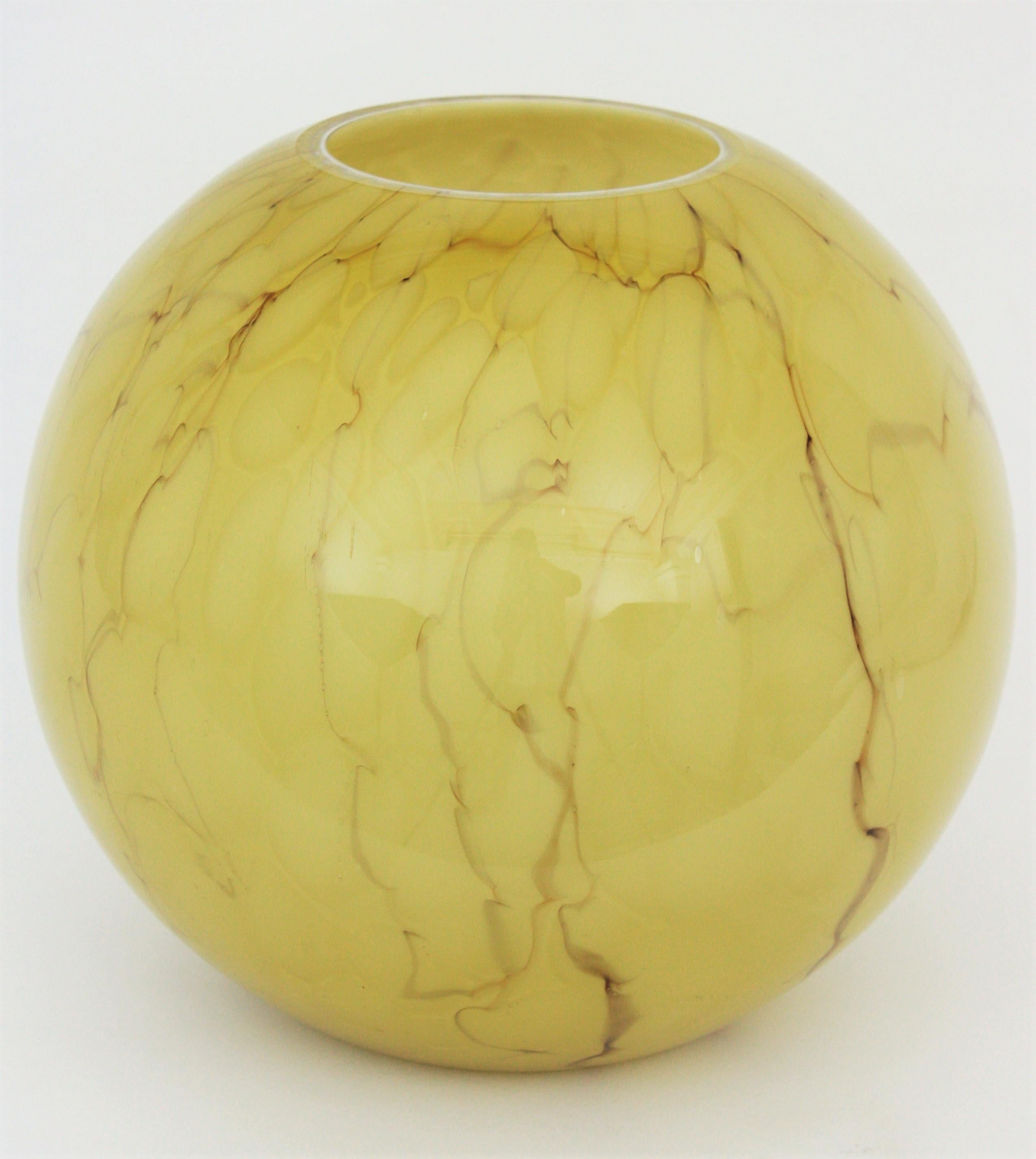 20th Century Fratelli Toso Venini Murano Murrina Lattimo Yellow Glass Ball Centerpiece Vase