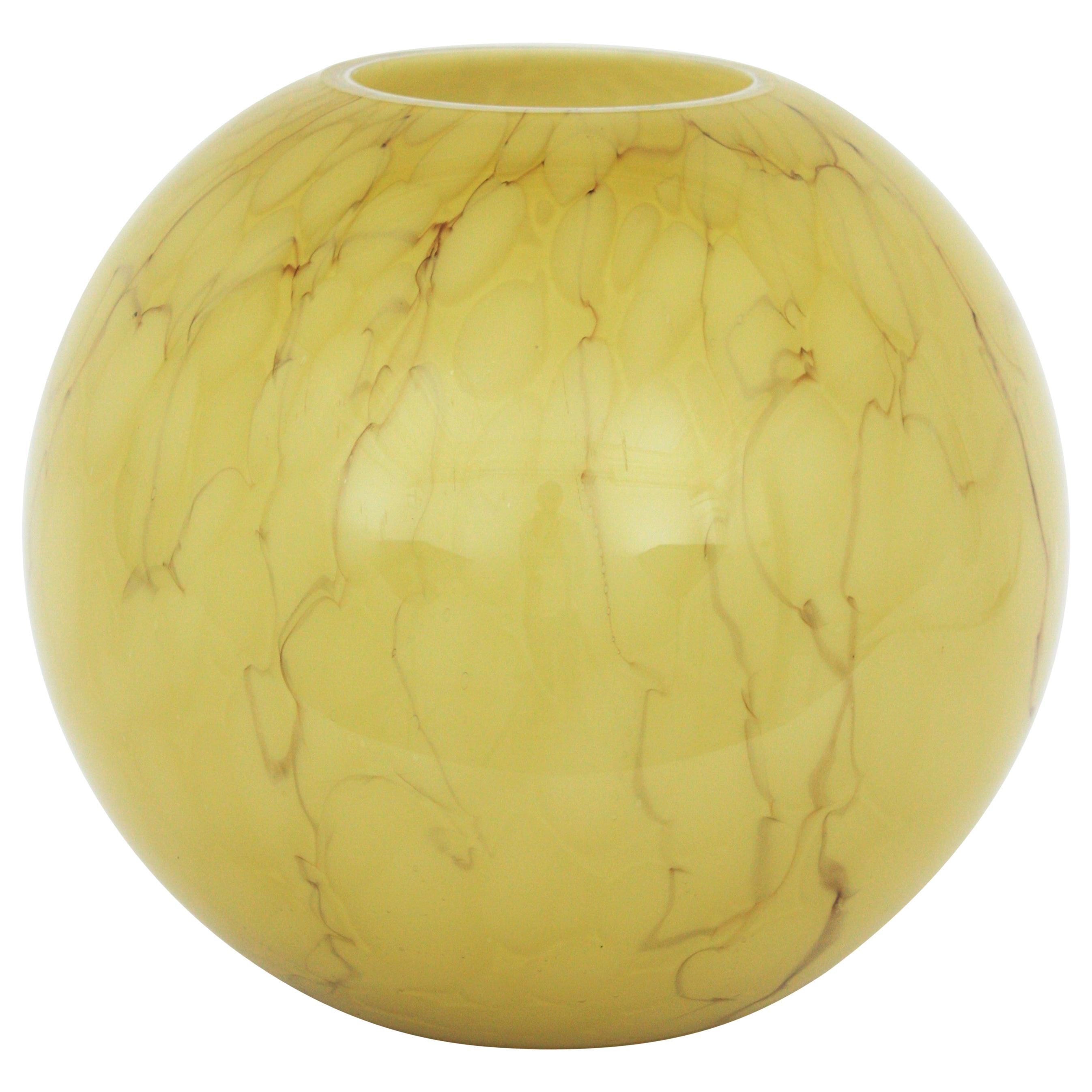 Fratelli Toso Venini Murano Murrina Lattimo Yellow Glass Ball Centerpiece Vase