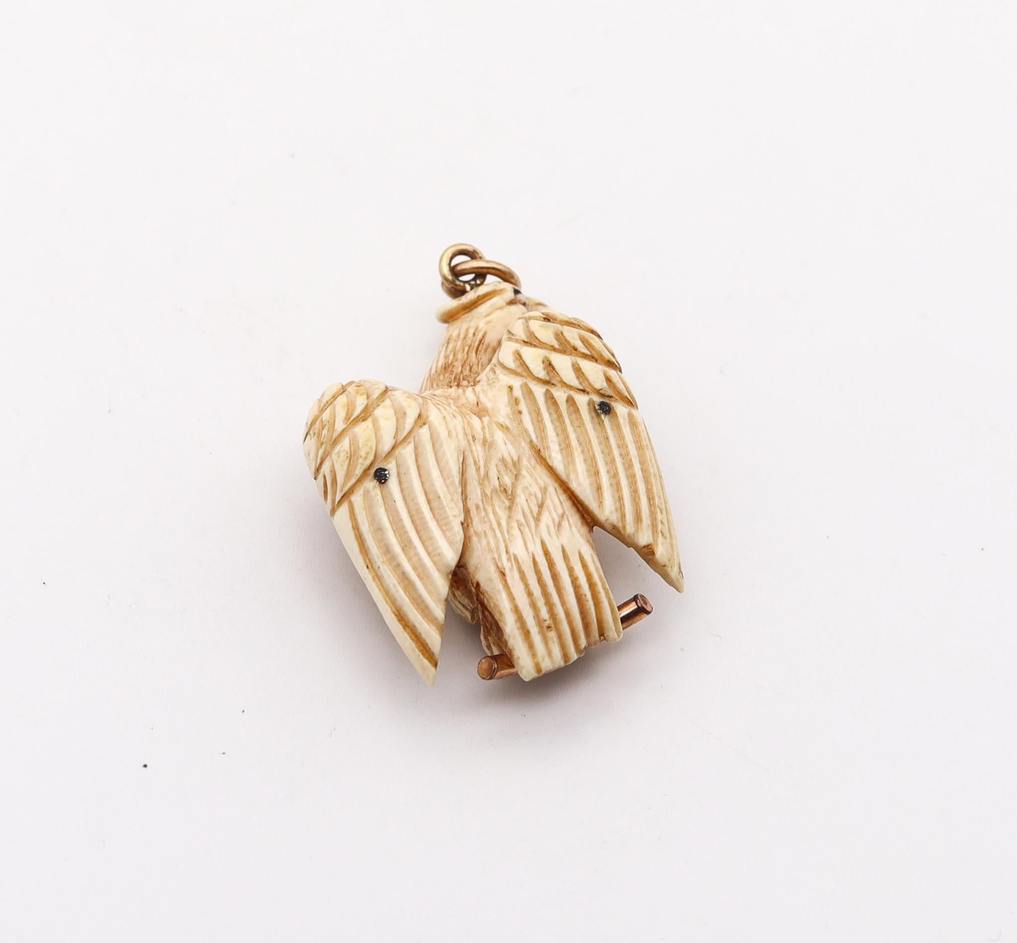 Edwardian Fraternal Order Of Eagles 1900 Carved Eagle Pendant With 10Kt Yellow Gold Mount For Sale