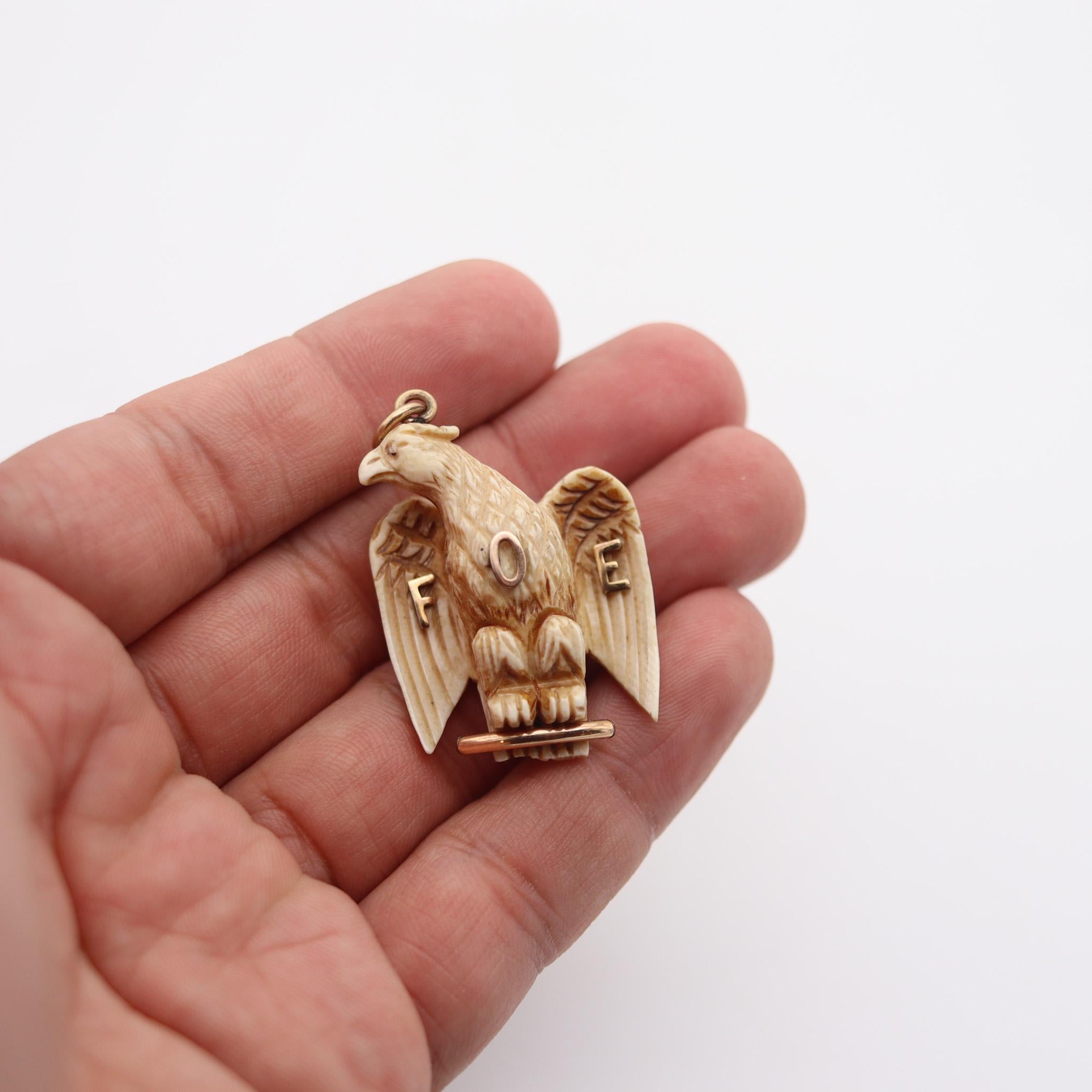 Women's or Men's Fraternal Order Of Eagles 1900 Carved Eagle Pendant With 10Kt Yellow Gold Mount For Sale