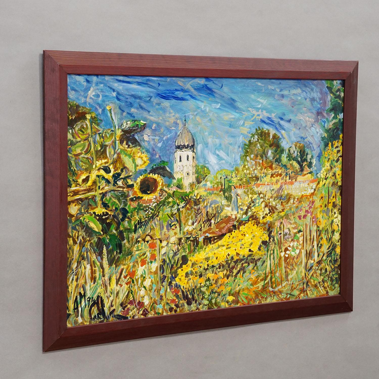 Fraueninsel / Chiemsee con monastero e giardino, 1994 - Pittura a olio di Alexander Michael

Questo espressivo dipinto a olio del 1994 cattura l'idilliaca Fraueninsel (Isola delle Donne) sul lago Chiemsee, mostrando la famosa Frauenwoerth di Münster
