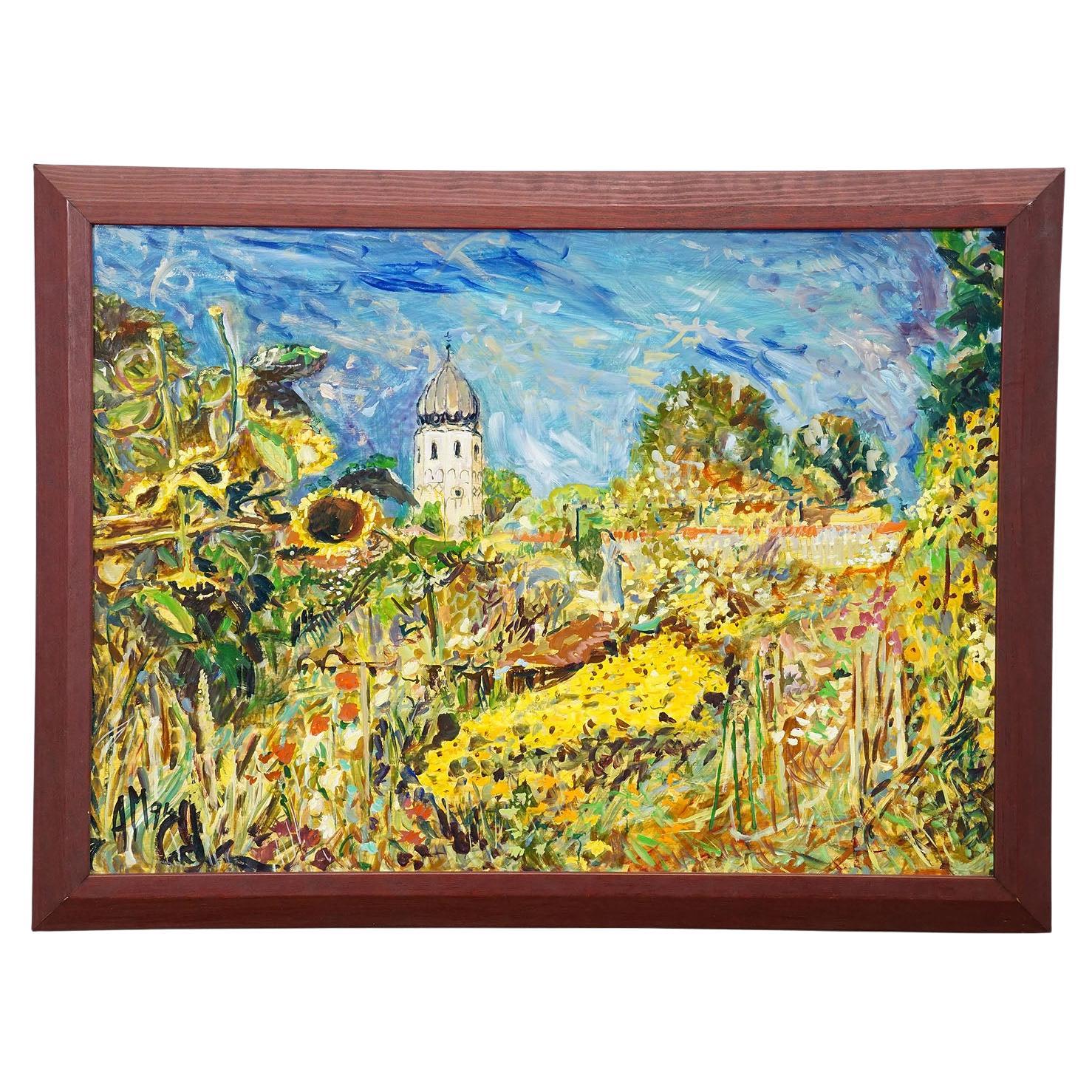 Fraueninsel / Chiemsee con monastero e giardino, 1994 - Pittura a olio di Alexander in vendita
