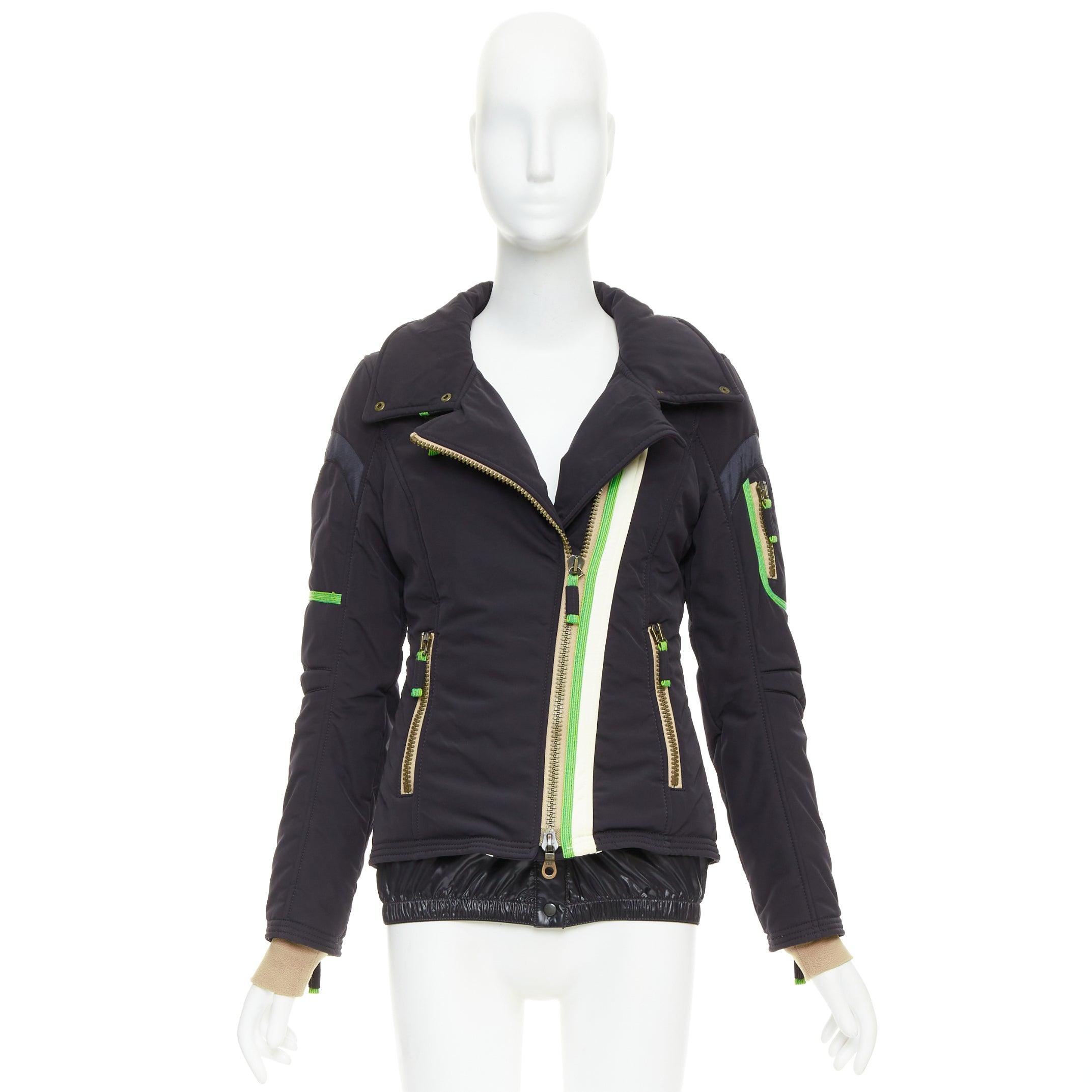 FRAUENSCHUH Edición limitada negro nylon verde desnudo cremallera snow puffer jacket XS en venta 5
