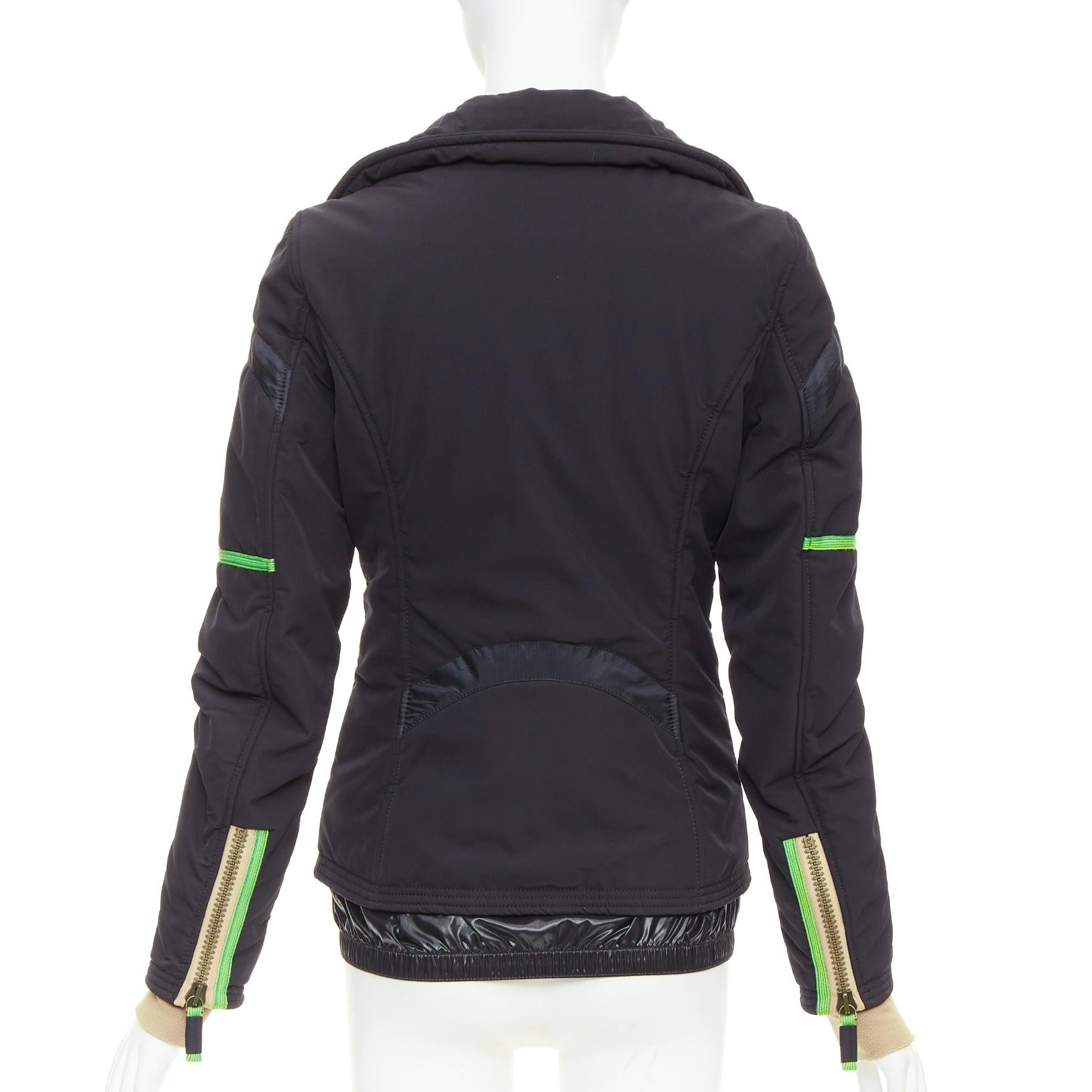 FRAUENSCHUH Edición limitada negro nylon verde desnudo cremallera snow puffer jacket XS en venta 1
