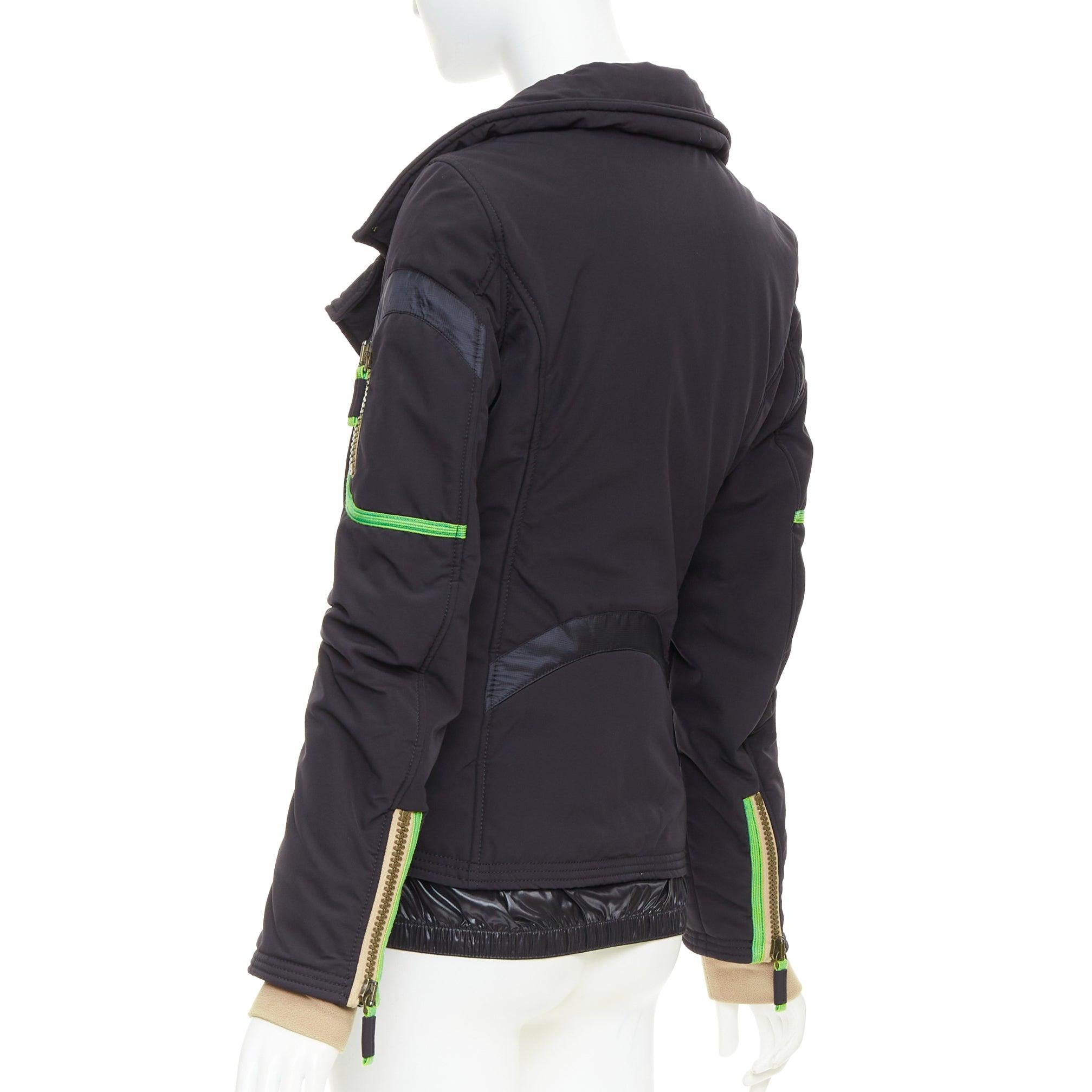 FRAUENSCHUH Edición limitada negro nylon verde desnudo cremallera snow puffer jacket XS en venta 2