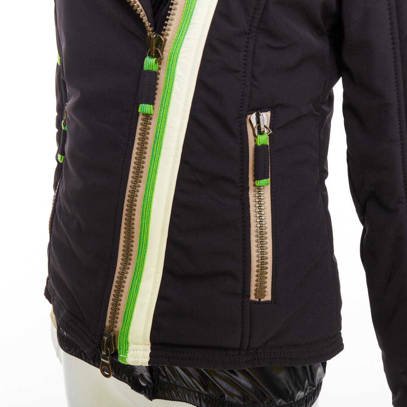 FRAUENSCHUH Edición limitada negro nylon verde desnudo cremallera snow puffer jacket XS en venta 3